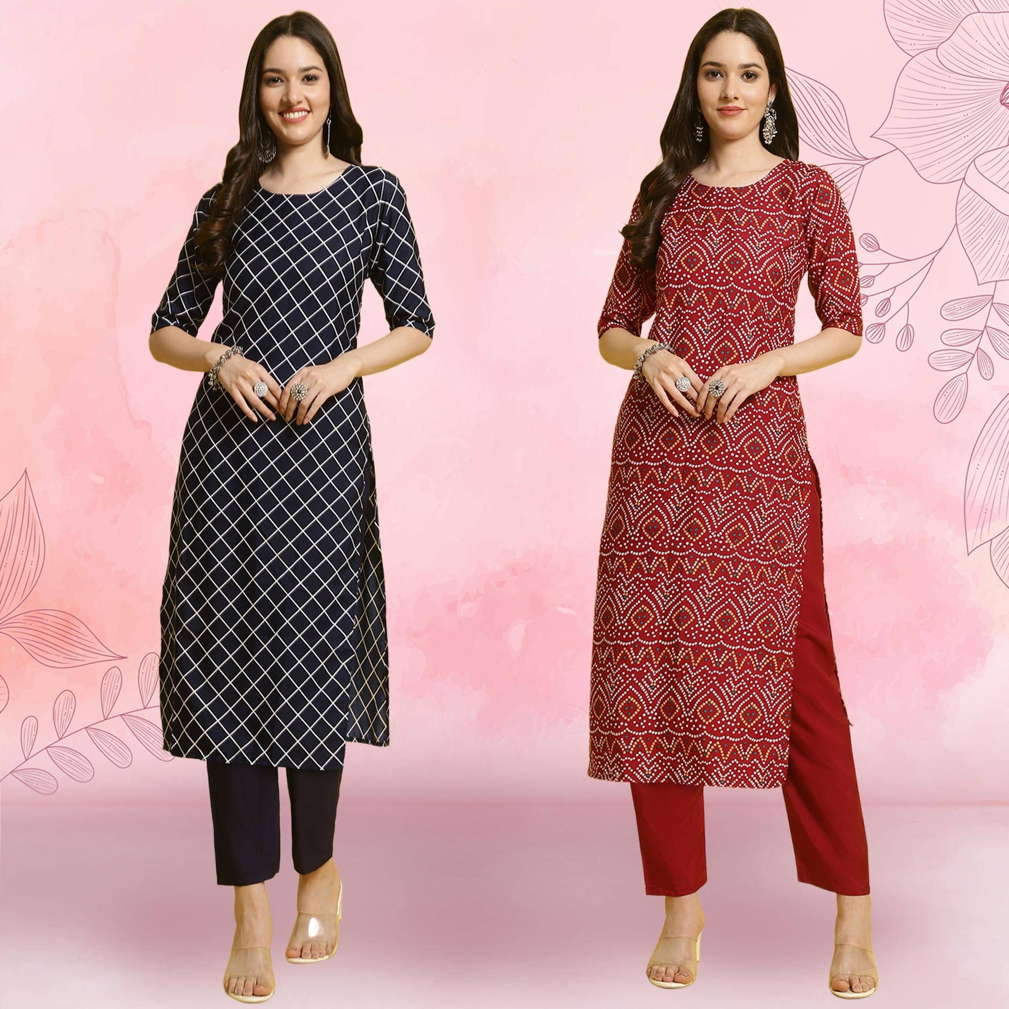 1 Stop Fashion Crepe Printed Kurti With Pants Women's Stitched Salwar Suit - Maroon ( Pack of 2 ) 1 Stop Fashion Crepe Printed Kurti With Pants Women's Stitched Salwar Suit - Maroon ( Pack of 2 )