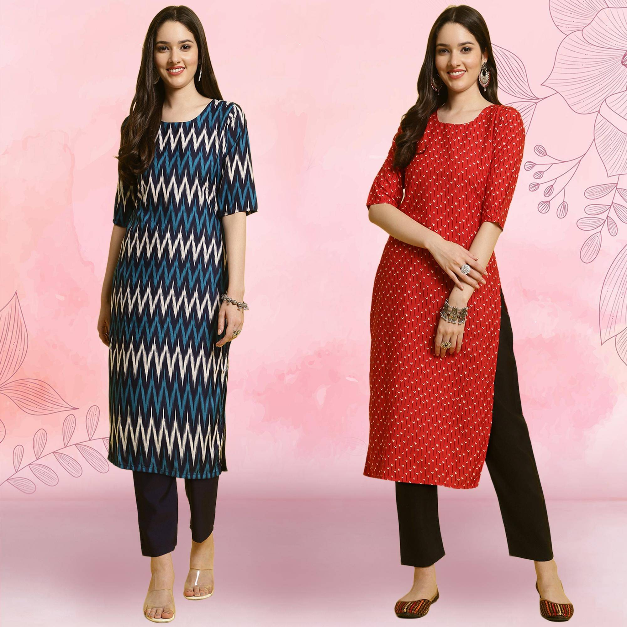 1 Stop Fashion Crepe Printed Kurti With Pants Women's Stitched Salwar Suit - Red ( Pack of 2 ) 1 Stop Fashion Crepe Printed Kurti With Pants Women's Stitched Salwar Suit - Red ( Pack of 2 )