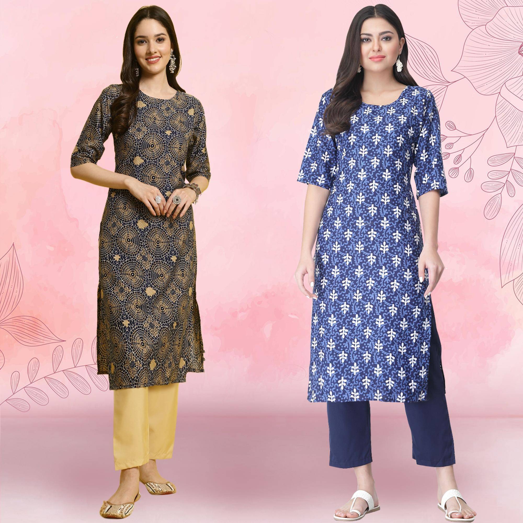     			1 Stop Fashion Crepe Printed Kurti With Pants Women's Stitched Salwar Suit - Blue ( Pack of 2 )