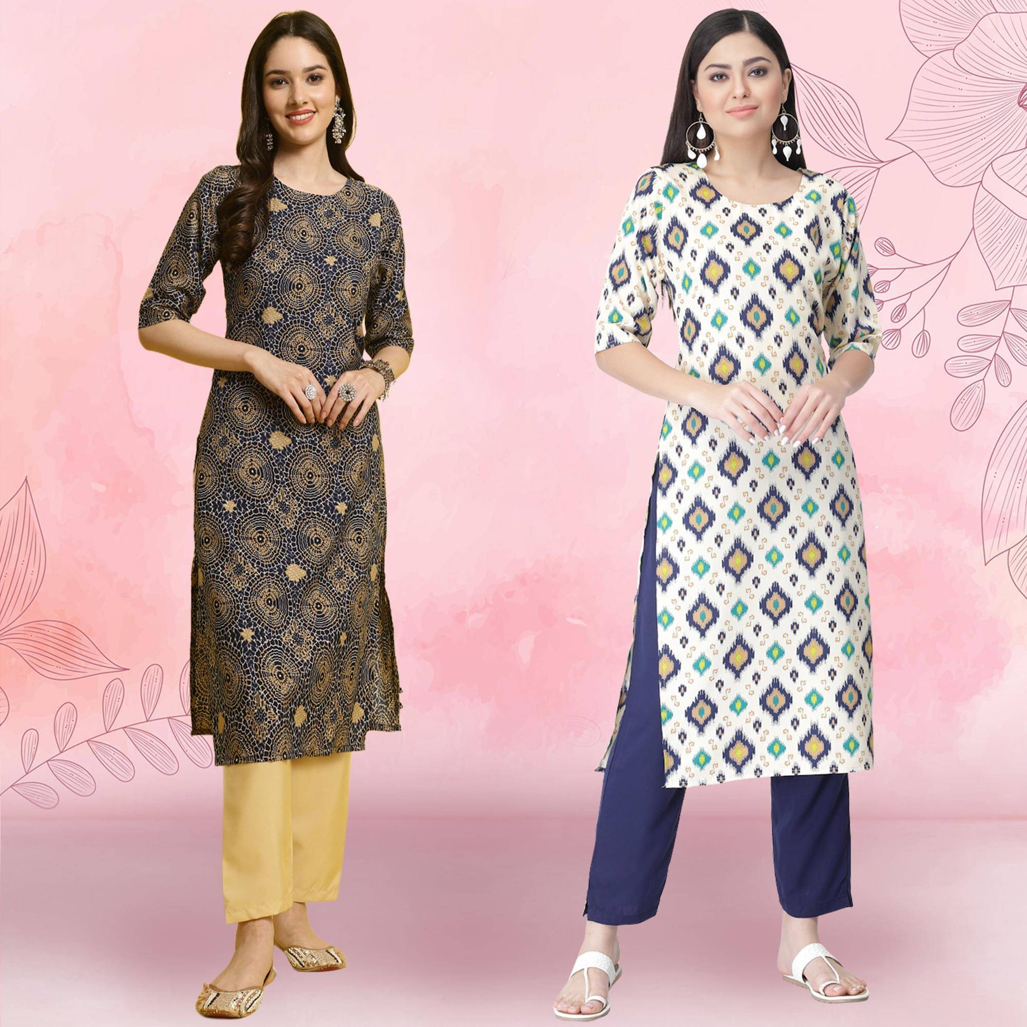     			1 Stop Fashion Crepe Printed Kurti With Pants Women's Stitched Salwar Suit - Off White ( Pack of 2 )