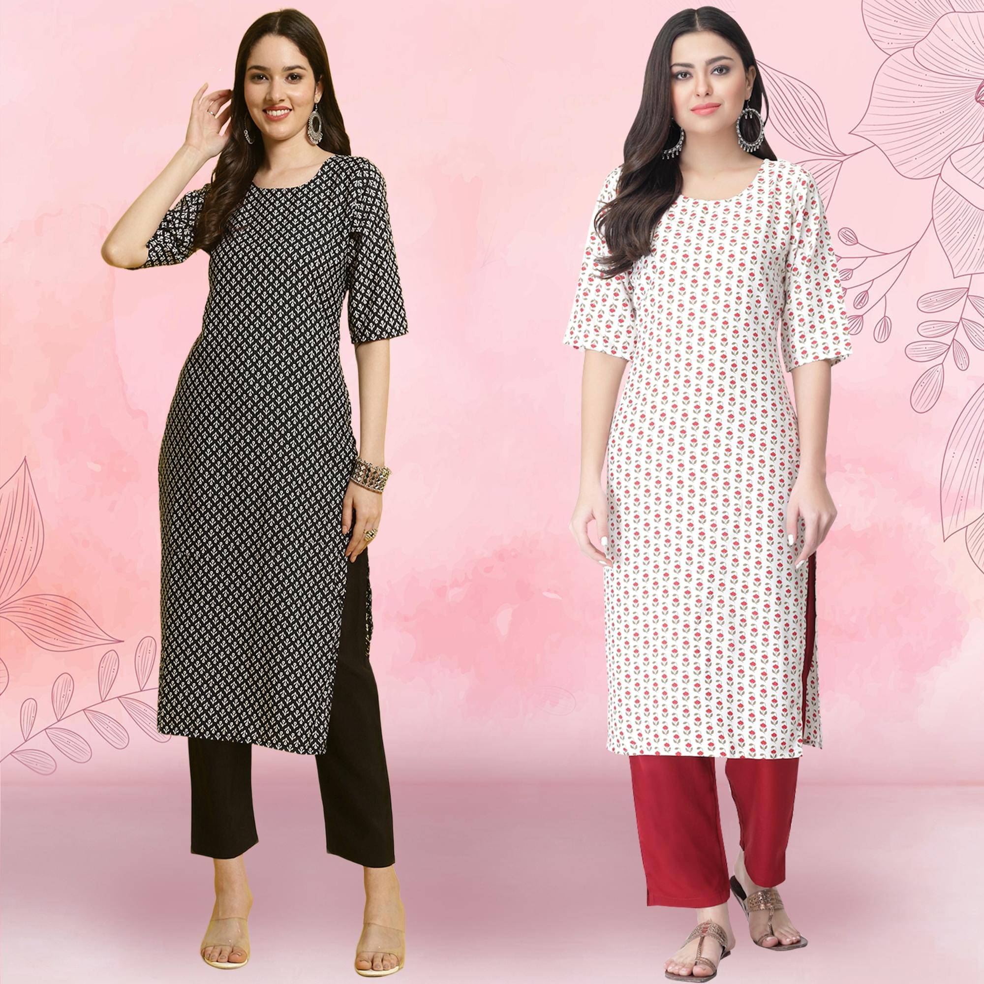 1 Stop Fashion Crepe Printed Kurti With Pants Women's Stitched Salwar Suit - Off White ( Pack of 2 ) 1 Stop Fashion Crepe Printed Kurti With Pants Women's Stitched Salwar Suit - Off White ( Pack of 2 )