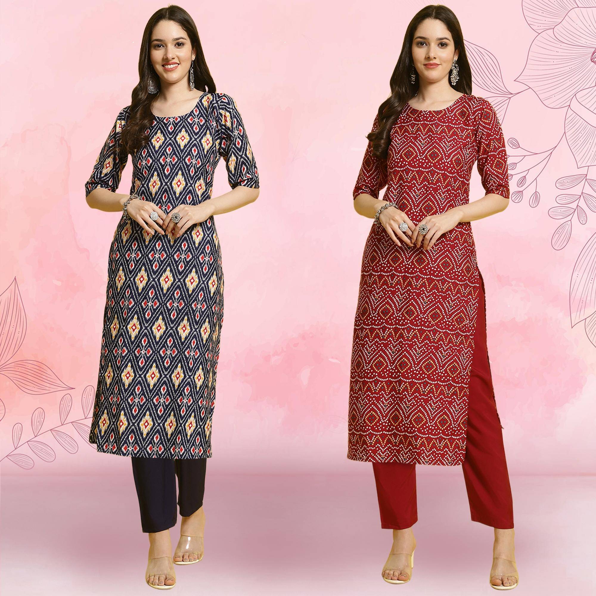 1 Stop Fashion Crepe Printed Kurti With Pants Women's Stitched Salwar Suit - Maroon ( Pack of 2 ) 1 Stop Fashion Crepe Printed Kurti With Pants Women's Stitched Salwar Suit - Maroon ( Pack of 2 )