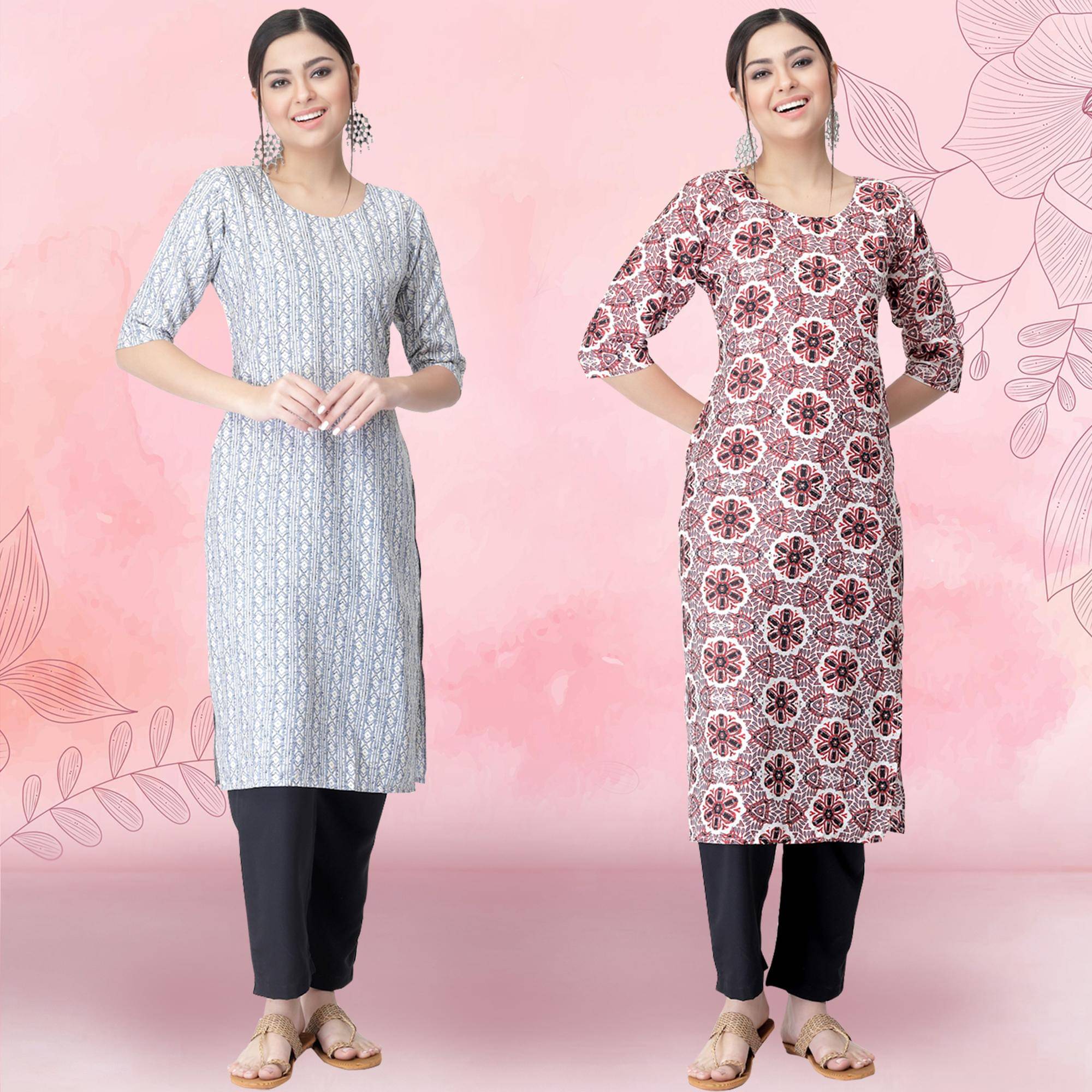     			1 Stop Fashion Crepe Printed Kurti With Pants Women's Stitched Salwar Suit - Pink ( Pack of 2 )