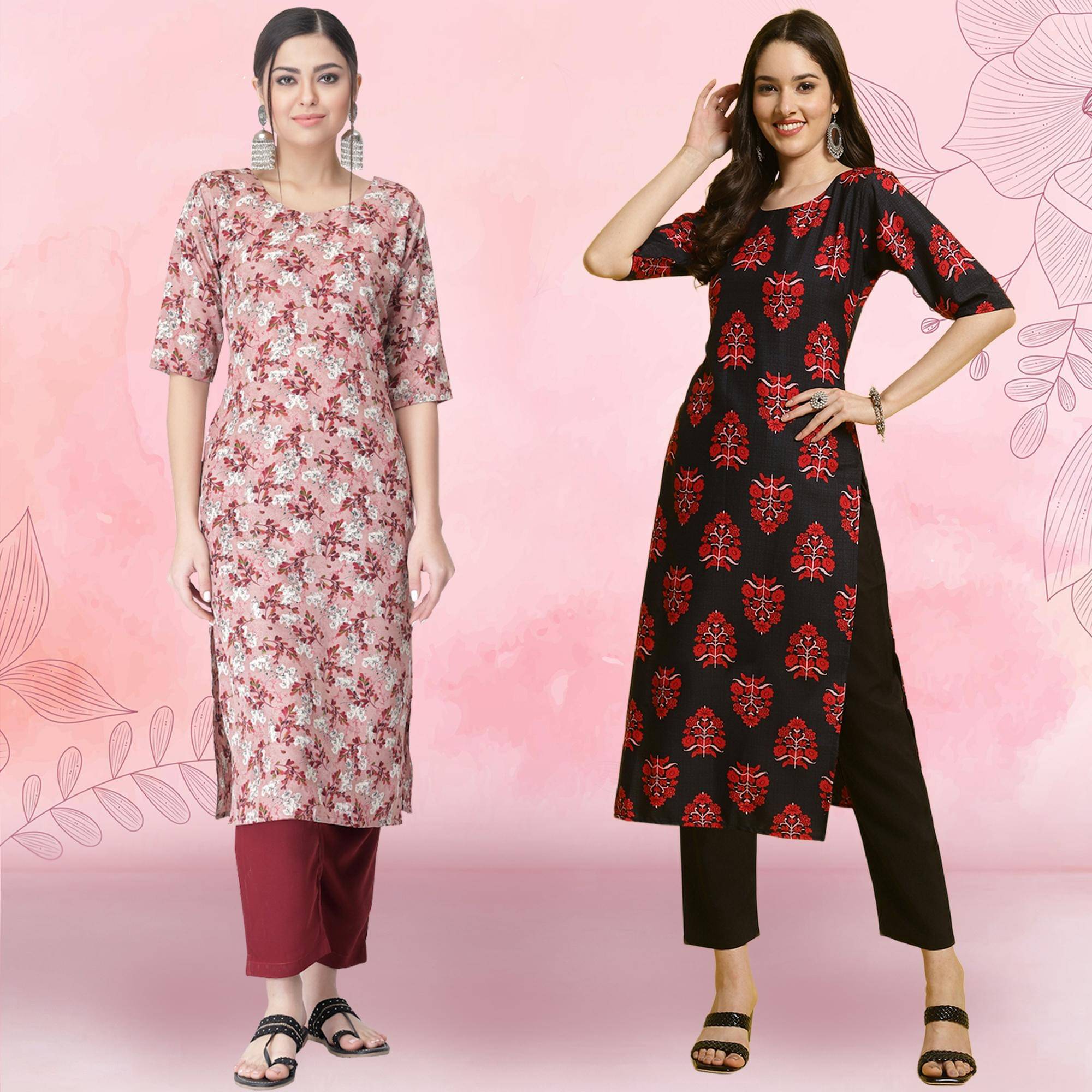     			1 Stop Fashion Crepe Printed Kurti With Pants Women's Stitched Salwar Suit - Black ( Pack of 2 )