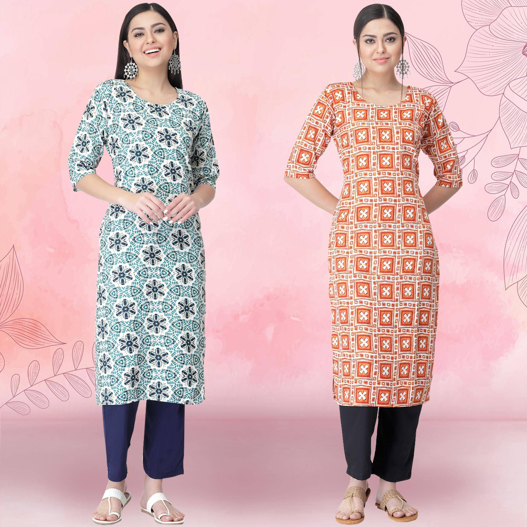     			1 Stop Fashion Crepe Printed Kurti With Pants Women's Stitched Salwar Suit - Orange ( Pack of 2 )