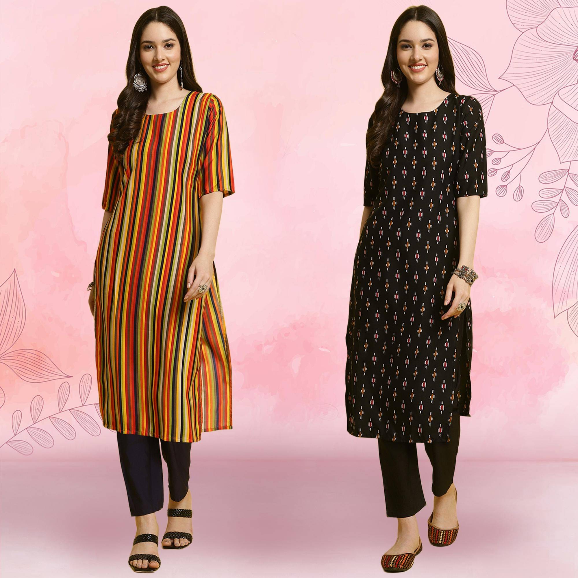     			1 Stop Fashion Crepe Printed Kurti With Pants Women's Stitched Salwar Suit - Black ( Pack of 2 )