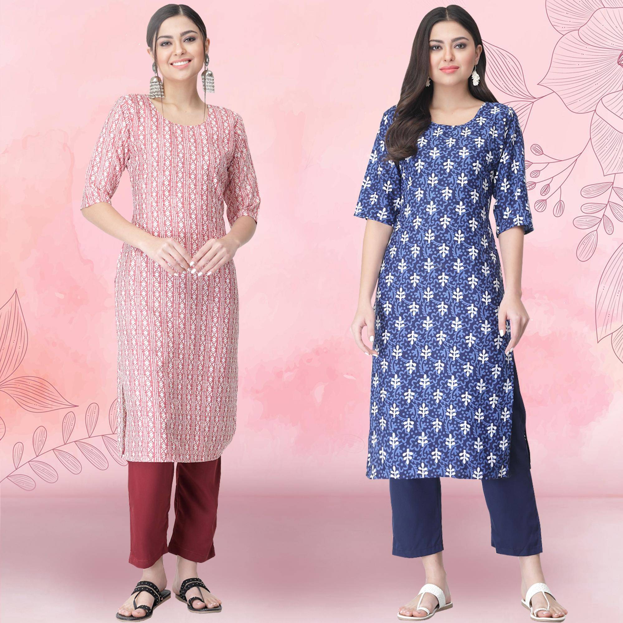     			1 Stop Fashion Crepe Printed Kurti With Pants Women's Stitched Salwar Suit - Blue ( Pack of 2 )