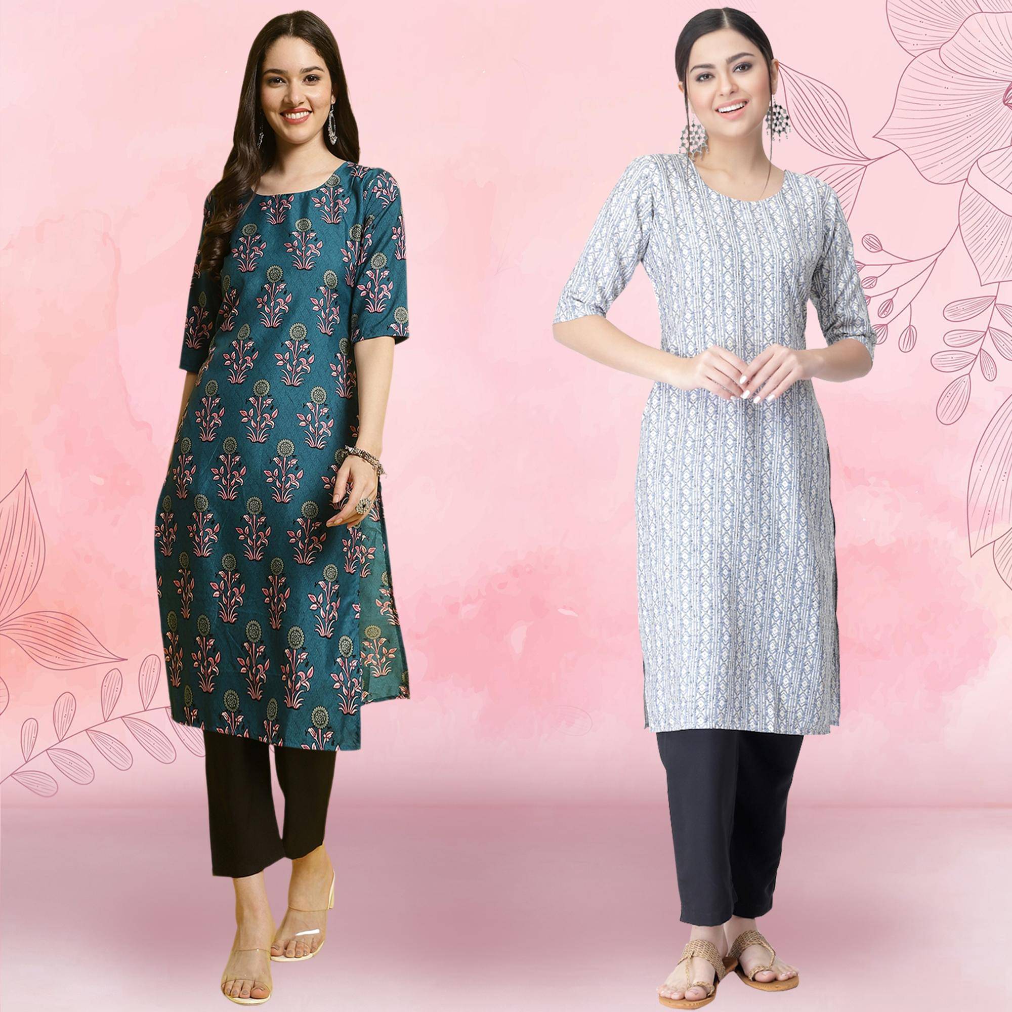     			1 Stop Fashion Crepe Printed Kurti With Pants Women's Stitched Salwar Suit - White ( Pack of 2 )