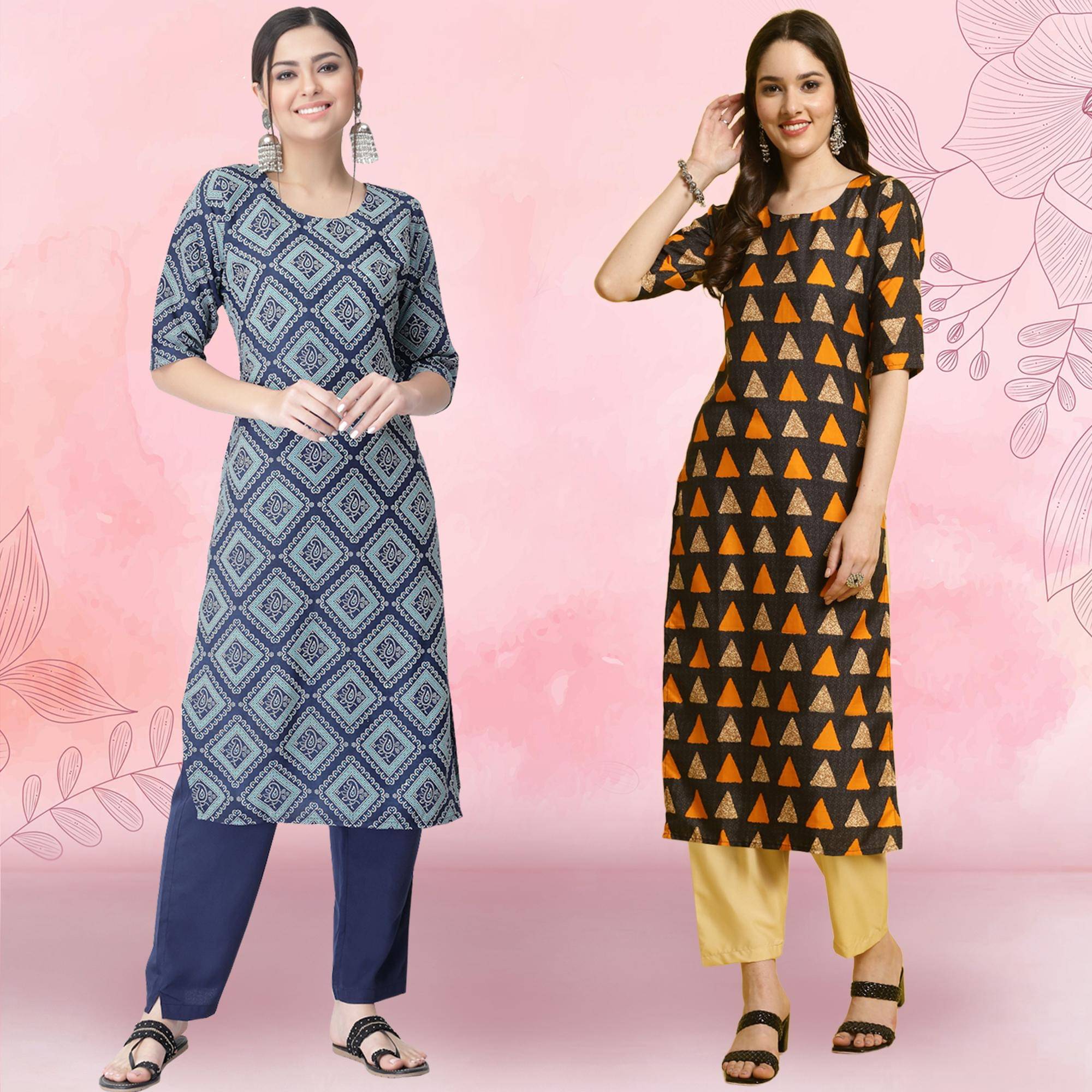 1 Stop Fashion Crepe Printed Kurti With Pants Women's Stitched Salwar Suit - Multicolor ( Pack of 2 ) 1 Stop Fashion Crepe Printed Kurti With Pants Women's Stitched Salwar Suit - Multicolor ( Pack of 2 )