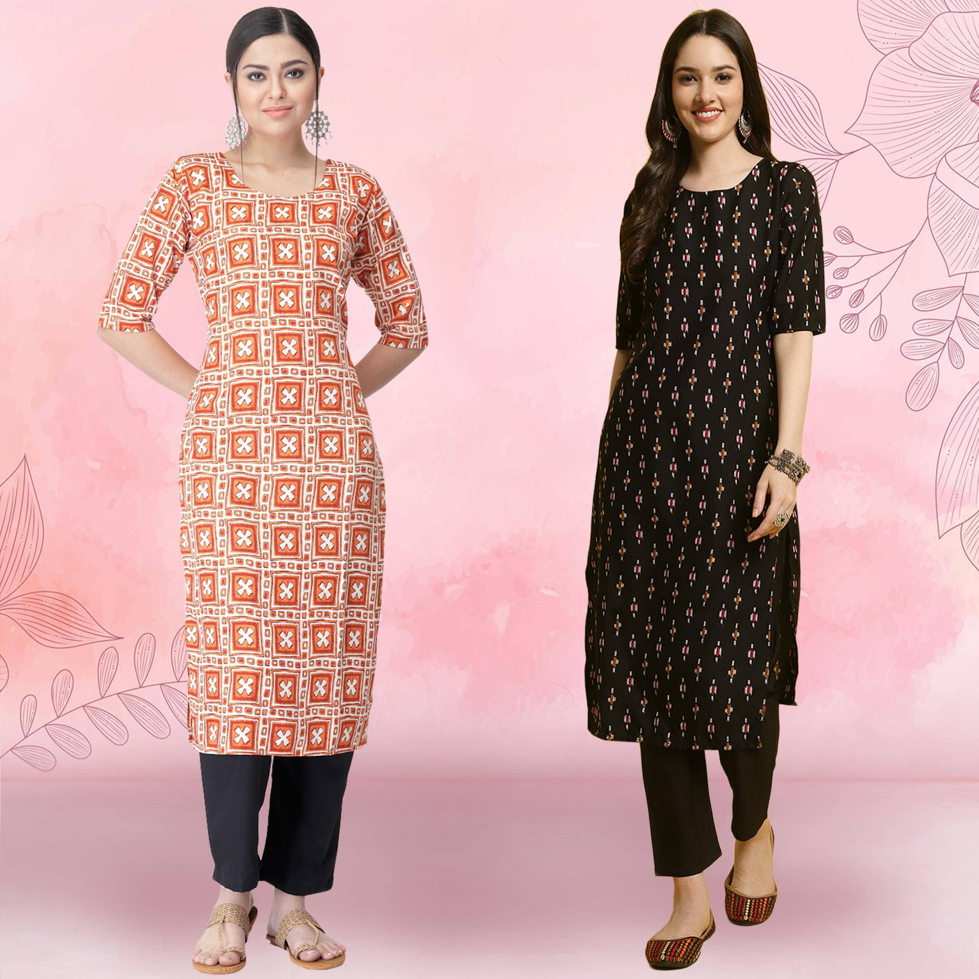 1 Stop Fashion Crepe Printed Kurti With Pants Women's Stitched Salwar Suit - Black ( Pack of 2 ) 1 Stop Fashion Crepe Printed Kurti With Pants Women's Stitched Salwar Suit - Black ( Pack of 2 )