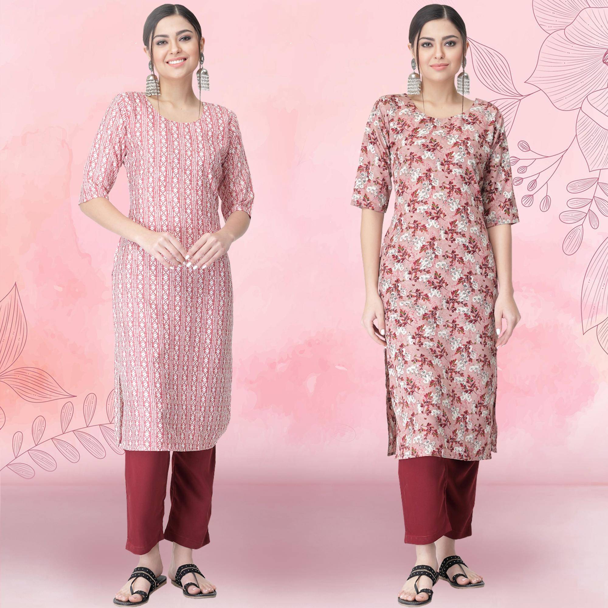     			1 Stop Fashion Crepe Printed Kurti With Pants Women's Stitched Salwar Suit - Peach ( Pack of 2 )