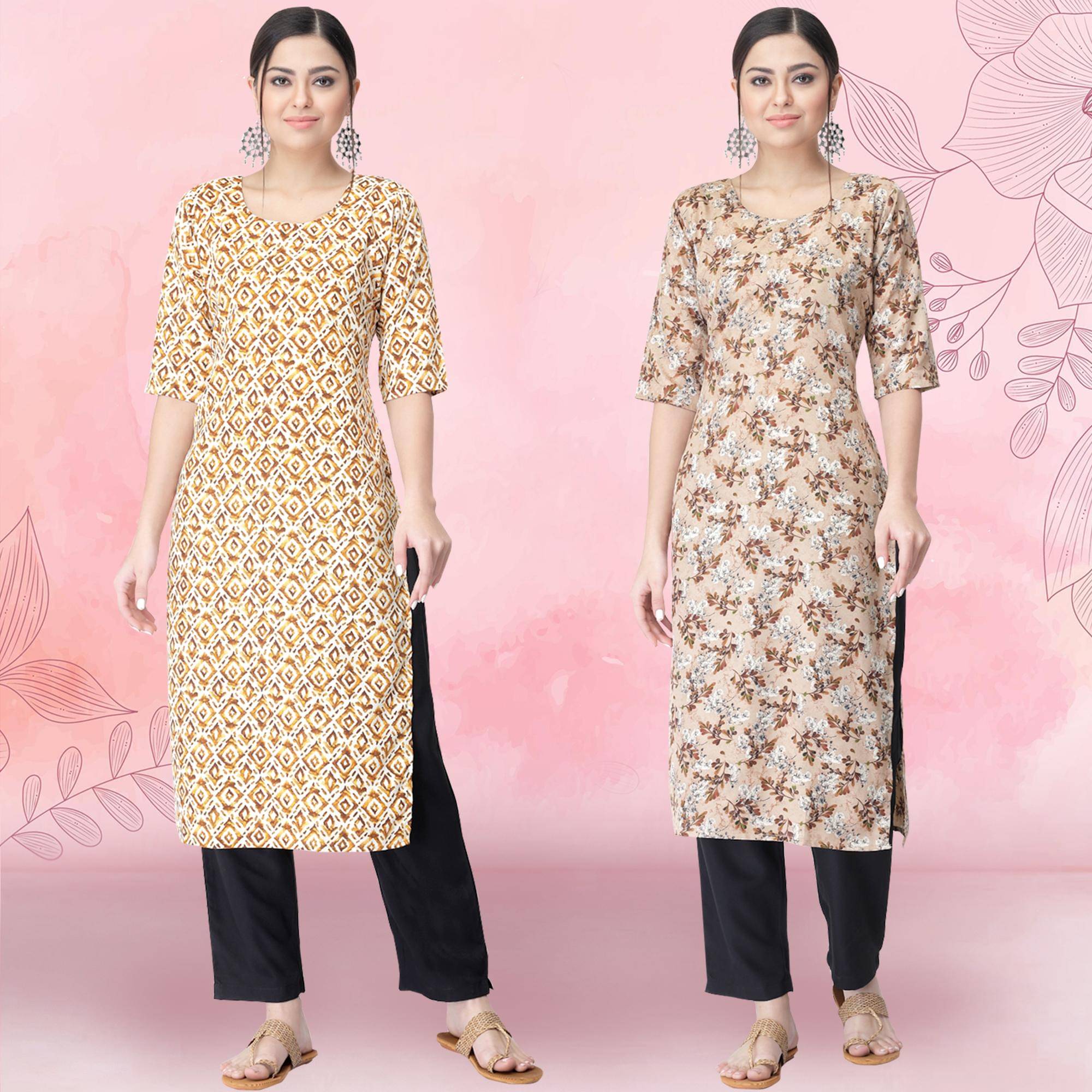1 Stop Fashion Crepe Printed Kurti With Pants Women's Stitched Salwar Suit - Beige ( Pack of 2 ) 1 Stop Fashion Crepe Printed Kurti With Pants Women's Stitched Salwar Suit - Beige ( Pack of 2 )