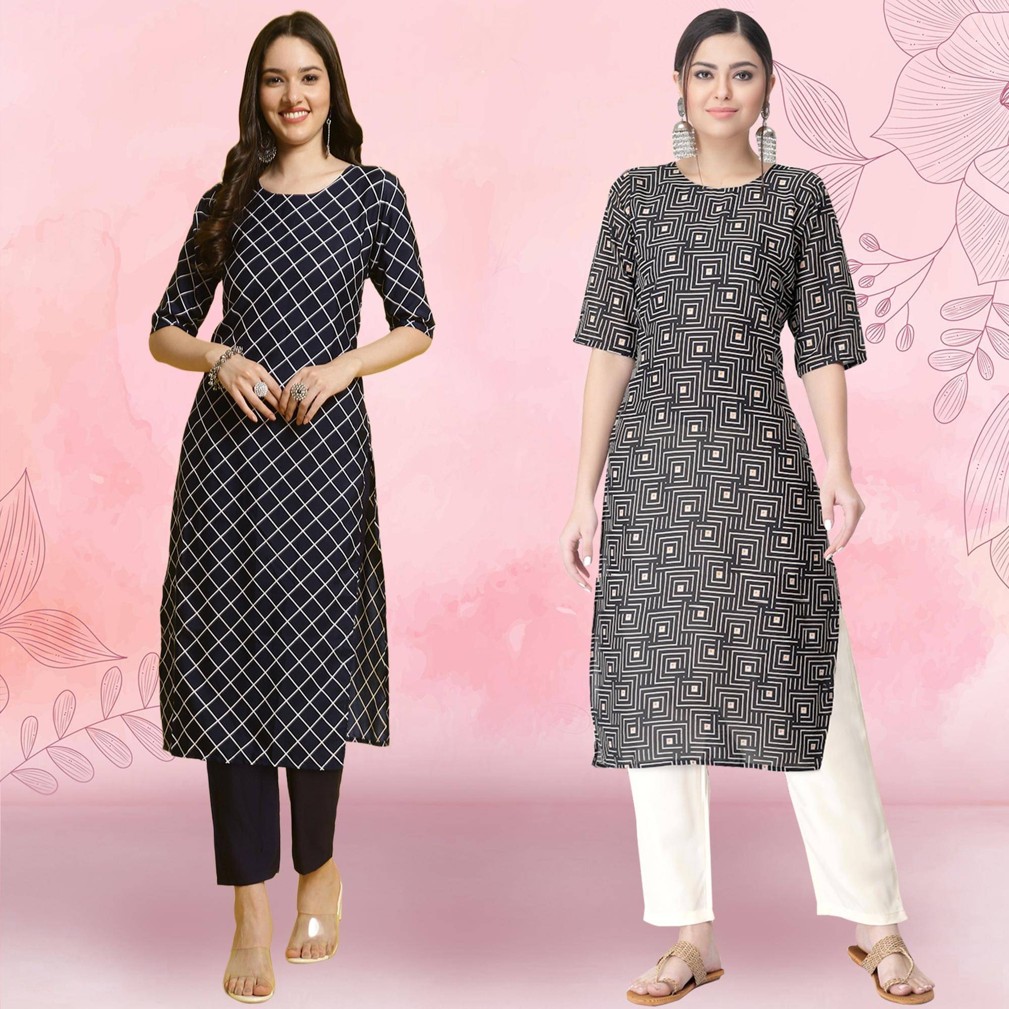 1 Stop Fashion Crepe Printed Kurti With Pants Women's Stitched Salwar Suit - Black ( Pack of 2 )     			1 Stop Fashion Crepe Printed Kurti With Pants Women's Stitched Salwar Suit - Black ( Pack of 2 )