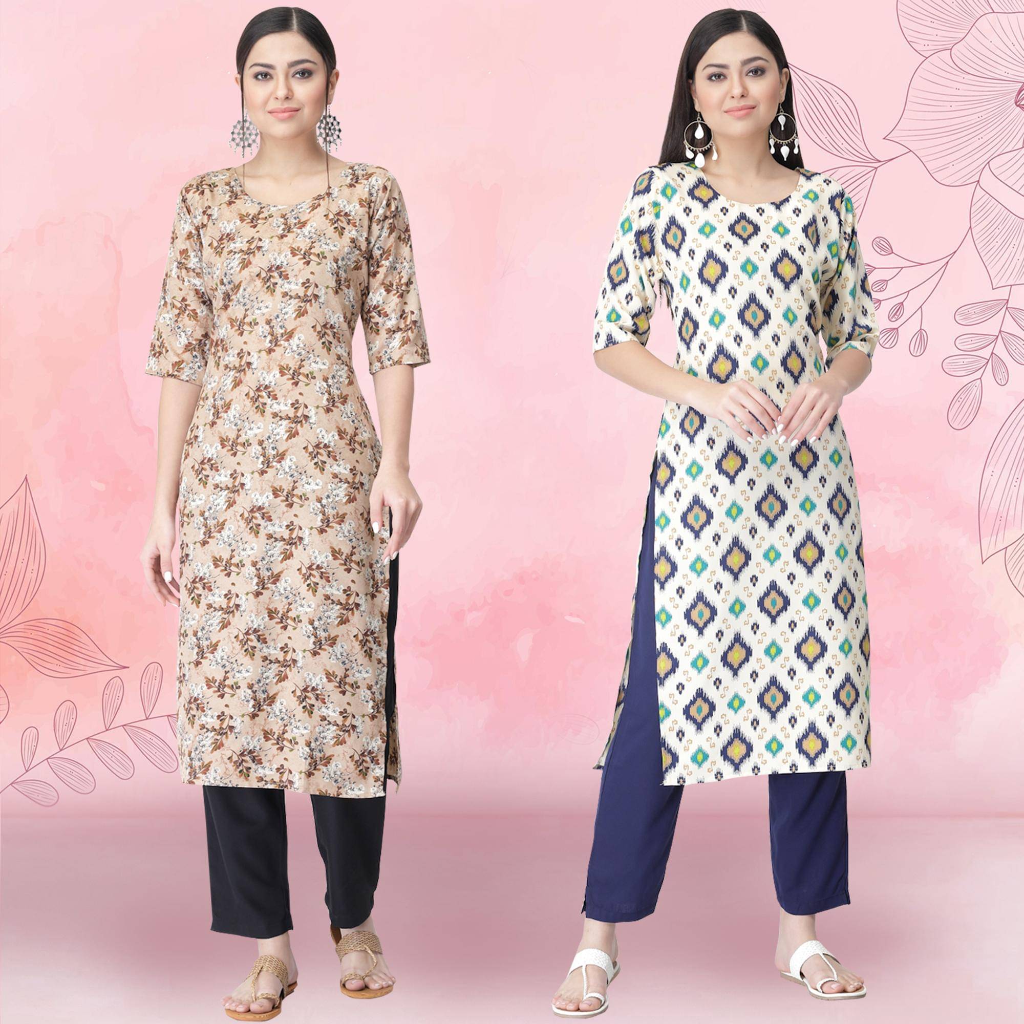 1 Stop Fashion Crepe Printed Kurti With Pants Women's Stitched Salwar Suit - White ( Pack of 2 )     			1 Stop Fashion Crepe Printed Kurti With Pants Women's Stitched Salwar Suit - White ( Pack of 2 )