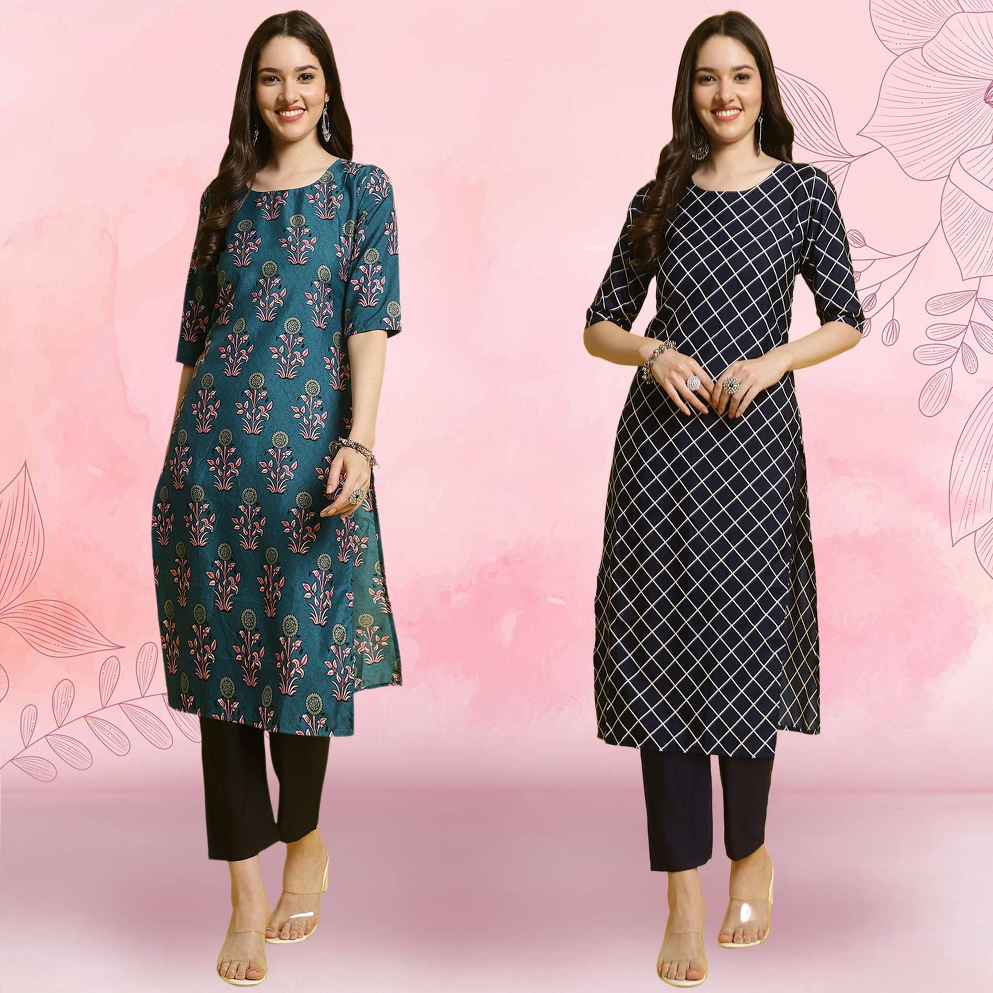1 Stop Fashion Crepe Printed Kurti With Pants Women's Stitched Salwar Suit - Blue ( Pack of 2 )     			1 Stop Fashion Crepe Printed Kurti With Pants Women's Stitched Salwar Suit - Blue ( Pack of 2 )