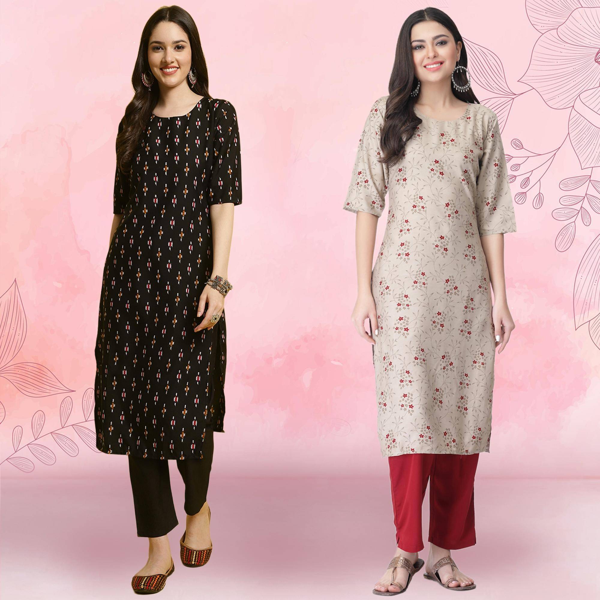 1 Stop Fashion Crepe Printed Kurti With Pants Women's Stitched Salwar Suit - Beige ( Pack of 2 ) 1 Stop Fashion Crepe Printed Kurti With Pants Women's Stitched Salwar Suit - Beige ( Pack of 2 )