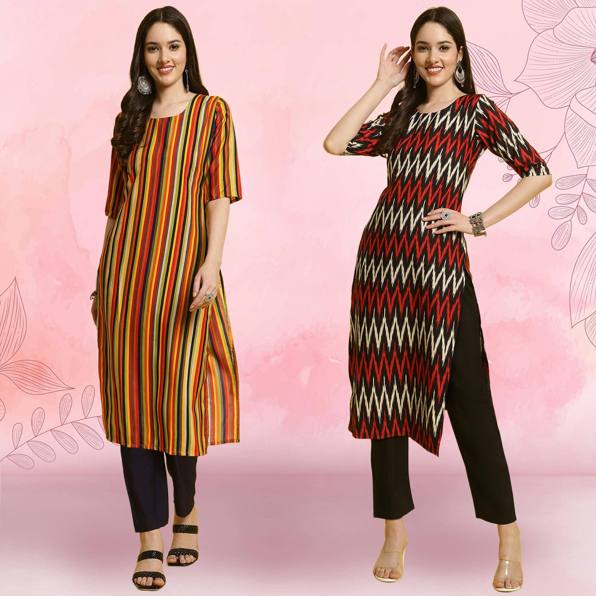 1 Stop Fashion Crepe Printed Kurti With Pants Women's Stitched Salwar Suit - Black ( Pack of 2 ) 1 Stop Fashion Crepe Printed Kurti With Pants Women's Stitched Salwar Suit - Black ( Pack of 2 )