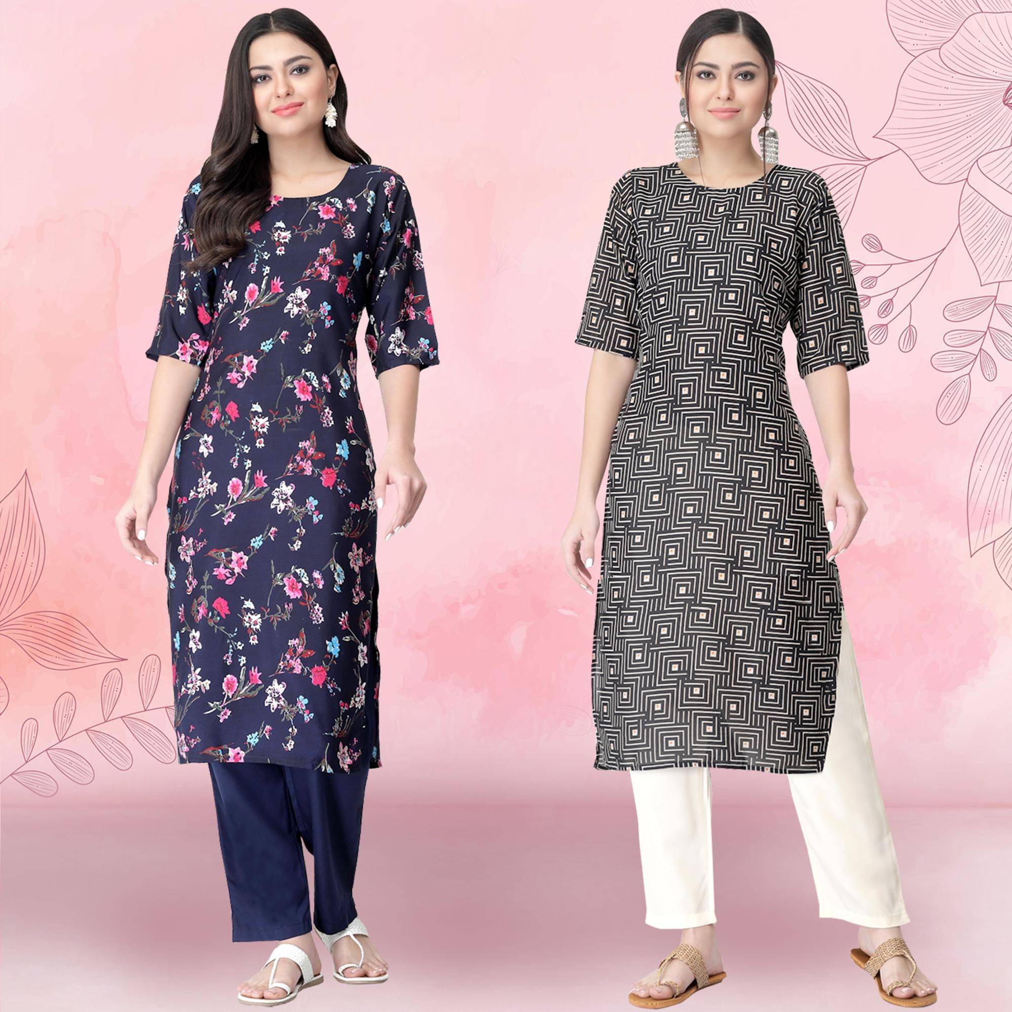     			1 Stop Fashion Crepe Printed Kurti With Pants Women's Stitched Salwar Suit - Black ( Pack of 2 )
