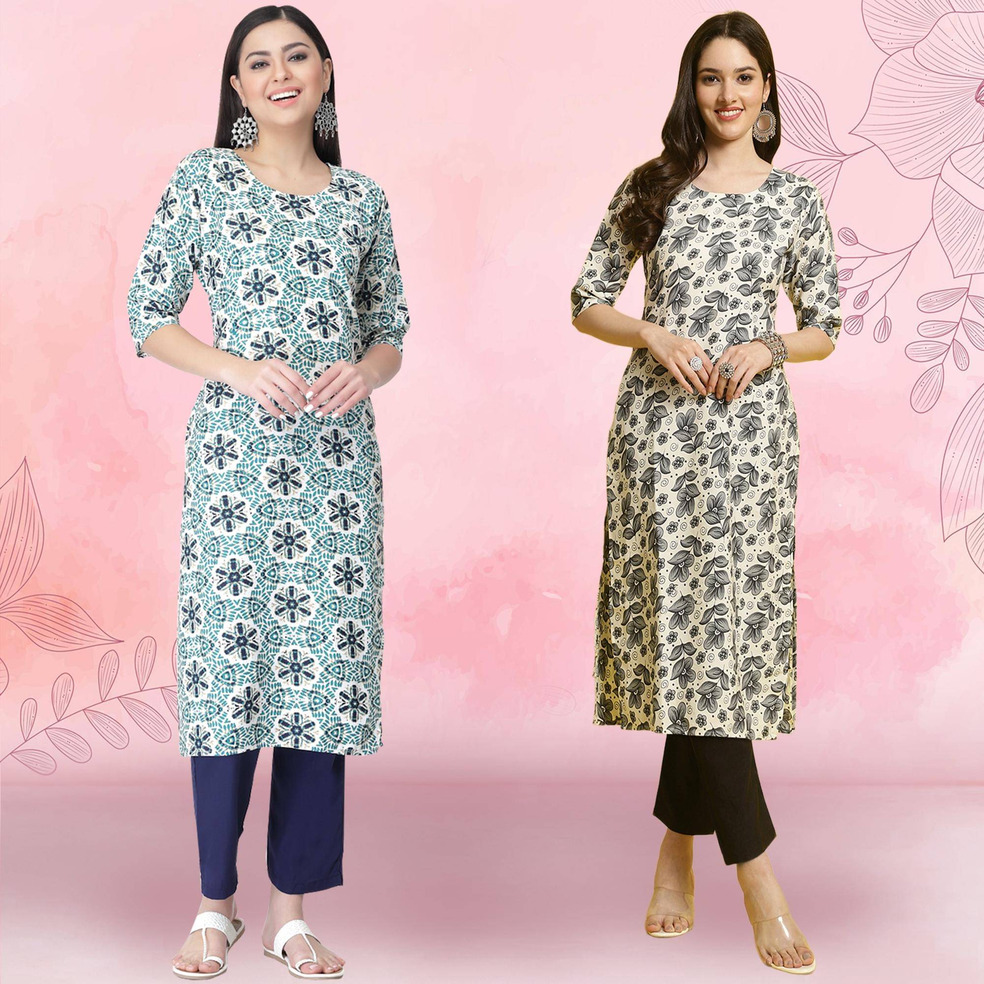     			1 Stop Fashion Crepe Printed Kurti With Pants Women's Stitched Salwar Suit - Grey ( Pack of 2 )