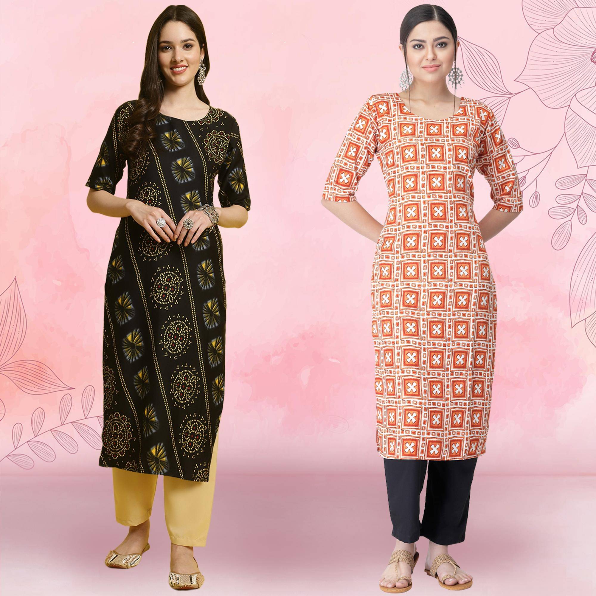 1 Stop Fashion Crepe Printed Kurti With Pants Women's Stitched Salwar Suit - Orange ( Pack of 2 )     			1 Stop Fashion Crepe Printed Kurti With Pants Women's Stitched Salwar Suit - Orange ( Pack of 2 )