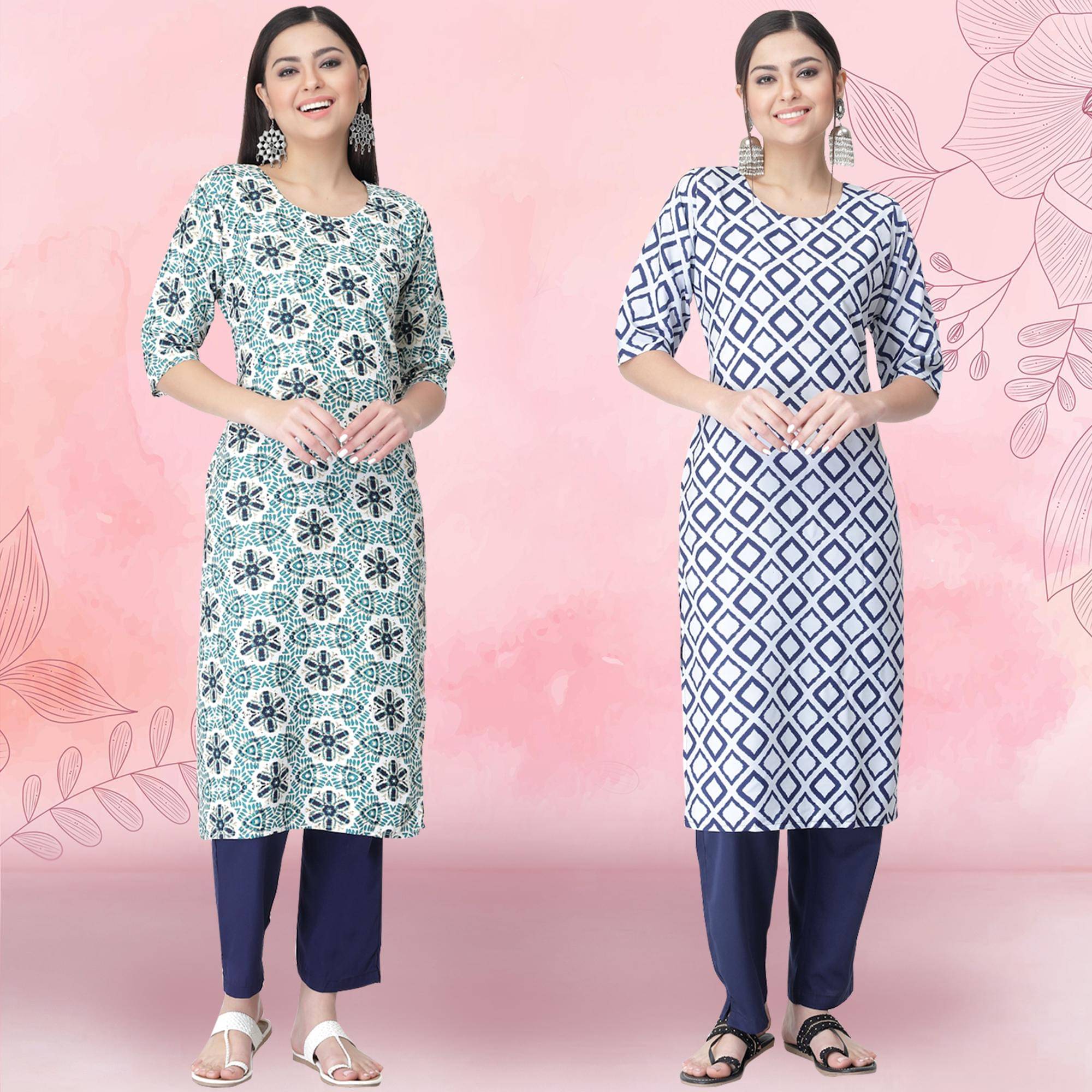 1 Stop Fashion Crepe Printed Kurti With Pants Women's Stitched Salwar Suit - White ( Pack of 2 )     			1 Stop Fashion Crepe Printed Kurti With Pants Women's Stitched Salwar Suit - White ( Pack of 2 )