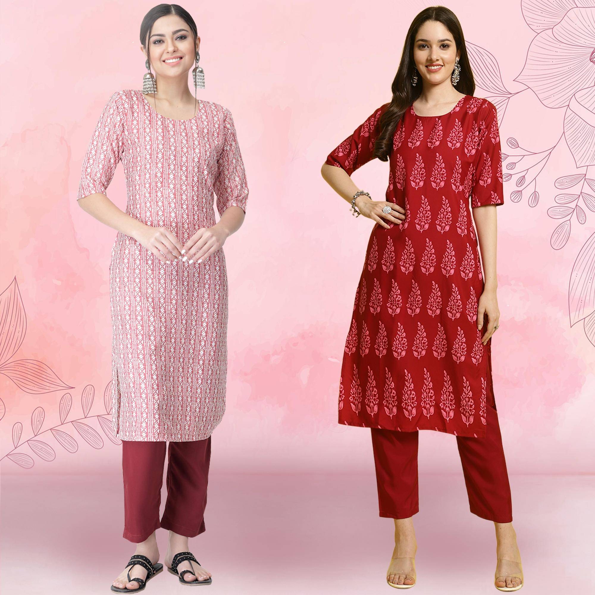     			1 Stop Fashion Crepe Printed Kurti With Pants Women's Stitched Salwar Suit - Red ( Pack of 2 )
