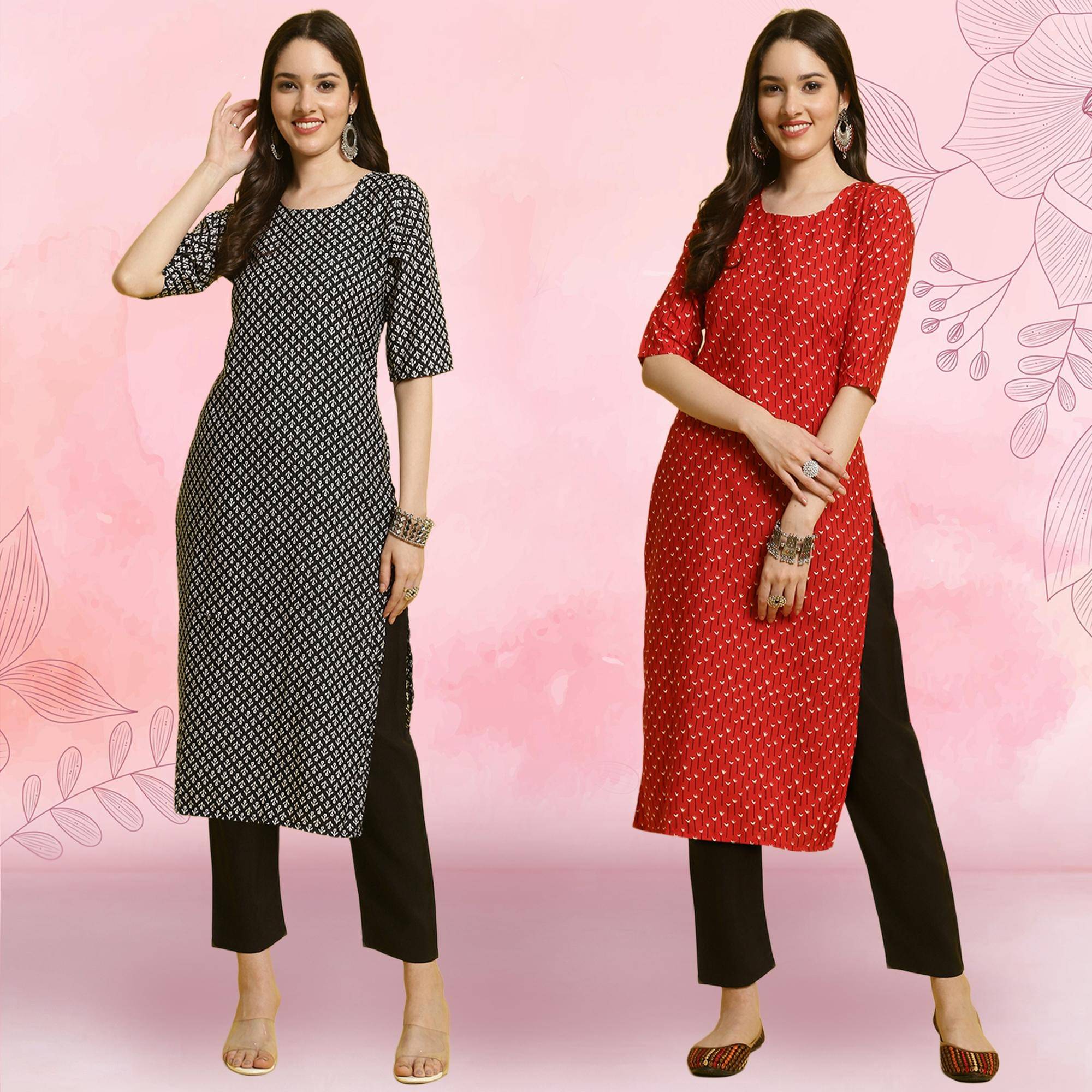    			1 Stop Fashion Crepe Printed Kurti With Pants Women's Stitched Salwar Suit - Red ( Pack of 2 )