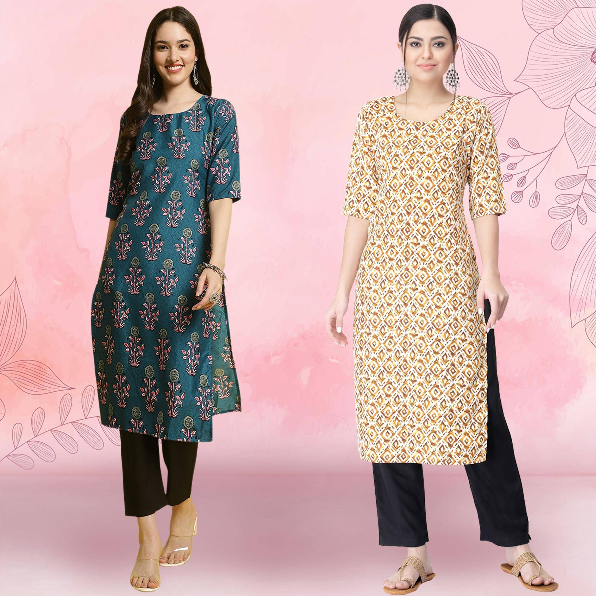 1 Stop Fashion Crepe Printed Kurti With Pants Women's Stitched Salwar Suit - Cream ( Pack of 2 )     			1 Stop Fashion Crepe Printed Kurti With Pants Women's Stitched Salwar Suit - Cream ( Pack of 2 )