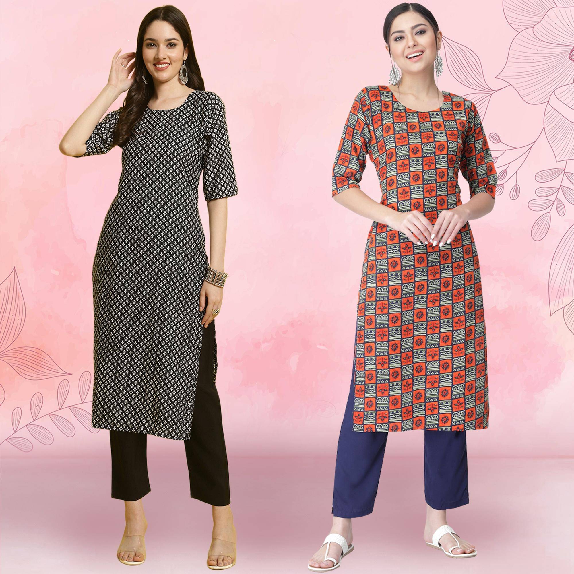     			1 Stop Fashion Crepe Printed Kurti With Pants Women's Stitched Salwar Suit - Orange ( Pack of 2 )