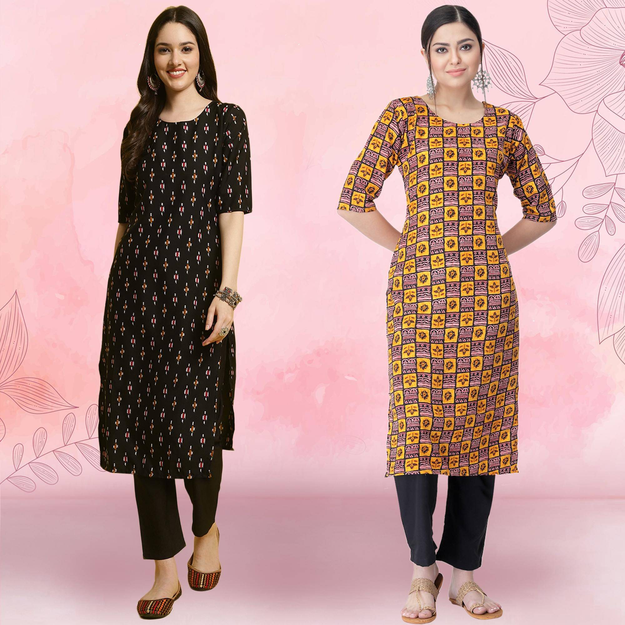1 Stop Fashion Crepe Printed Kurti With Pants Women's Stitched Salwar Suit - Yellow ( Pack of 2 ) 1 Stop Fashion Crepe Printed Kurti With Pants Women's Stitched Salwar Suit - Yellow ( Pack of 2 )