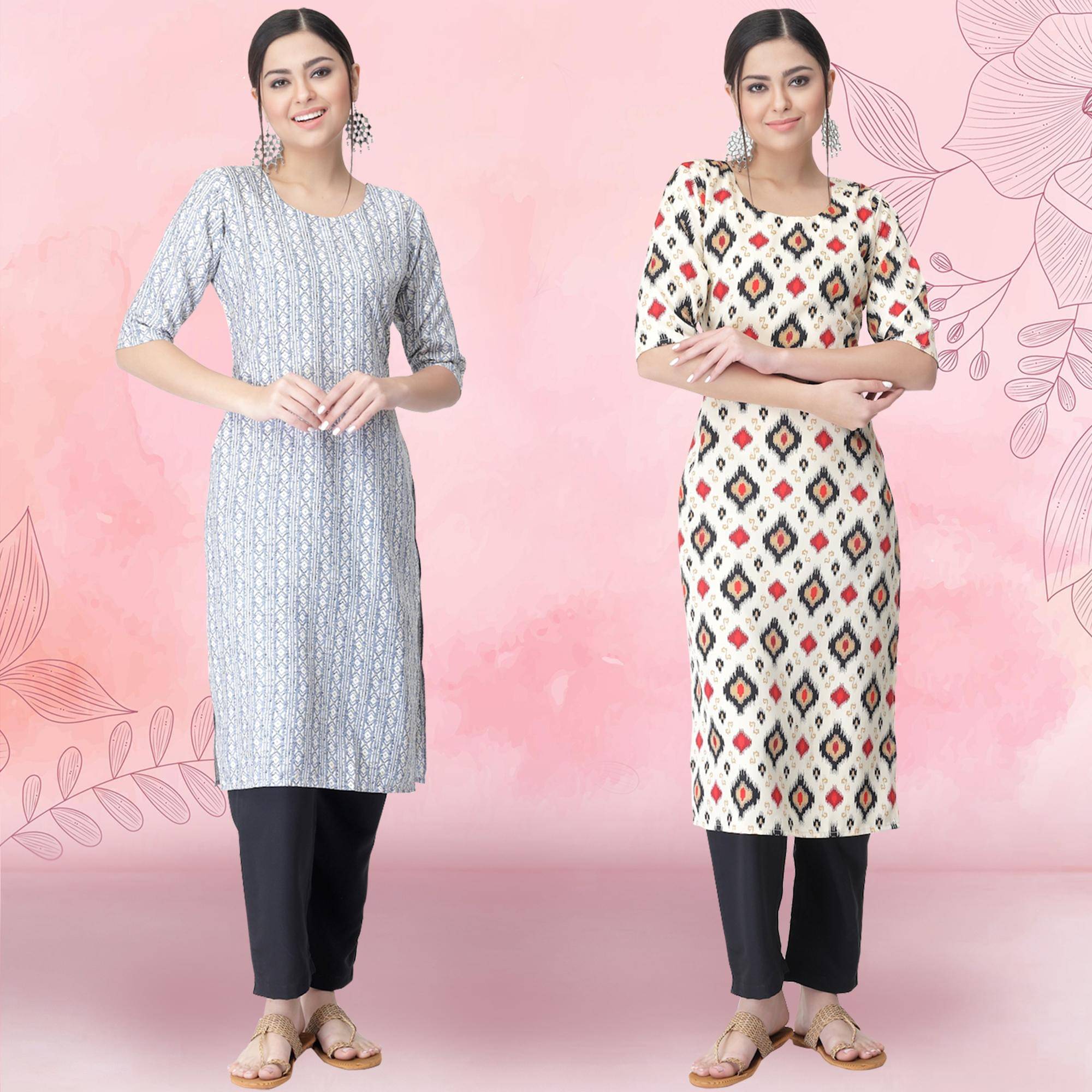     			1 Stop Fashion Crepe Printed Kurti With Pants Women's Stitched Salwar Suit - White ( Pack of 2 )