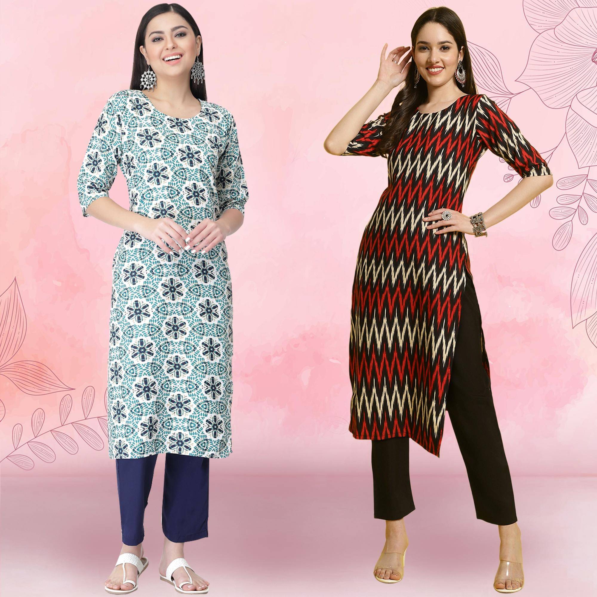 1 Stop Fashion Crepe Printed Kurti With Pants Women's Stitched Salwar Suit - Black ( Pack of 2 )     			1 Stop Fashion Crepe Printed Kurti With Pants Women's Stitched Salwar Suit - Black ( Pack of 2 )