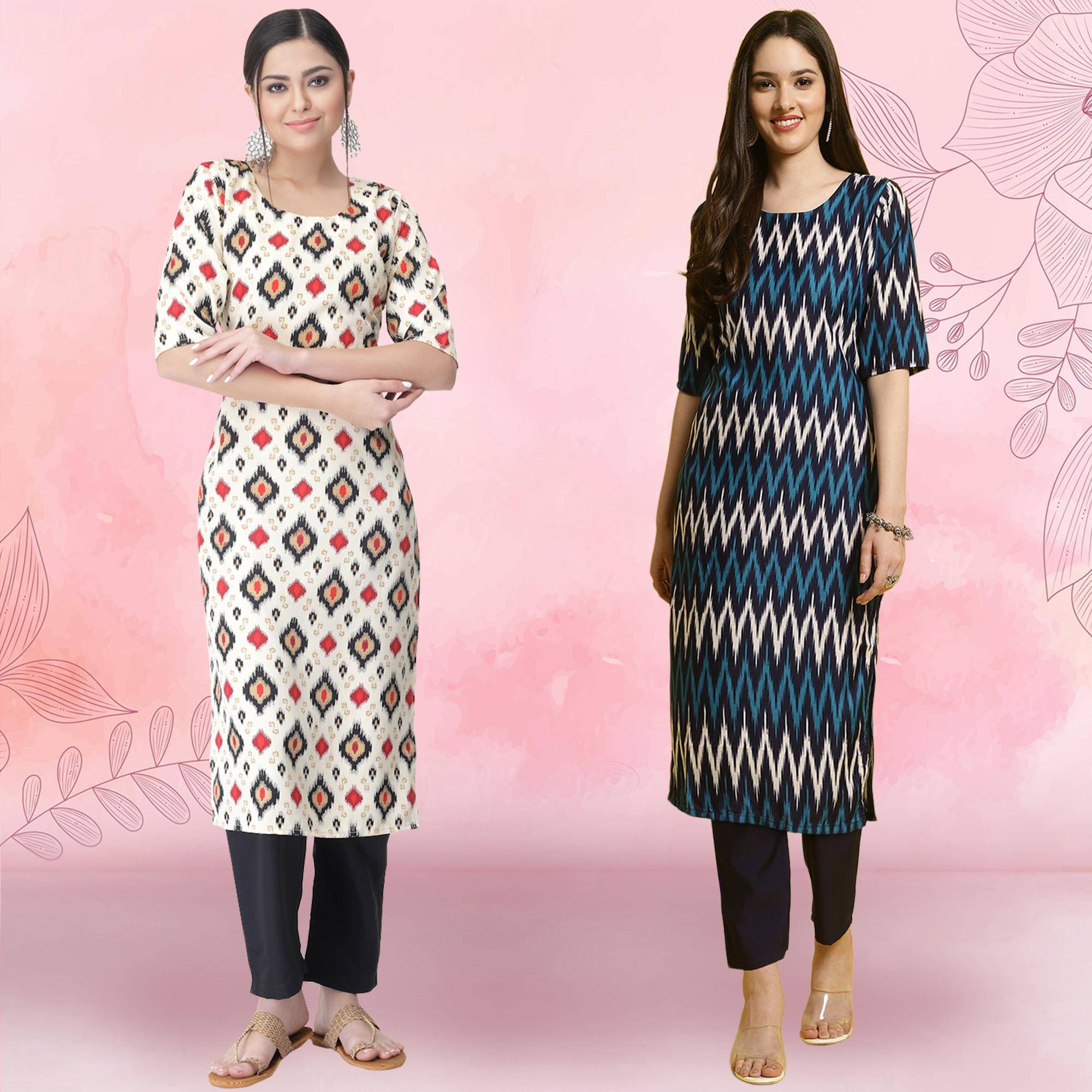 1 Stop Fashion Crepe Printed Kurti With Pants Women's Stitched Salwar Suit - Multicolor ( Pack of 2 )     			1 Stop Fashion Crepe Printed Kurti With Pants Women's Stitched Salwar Suit - Multicolor ( Pack of 2 )