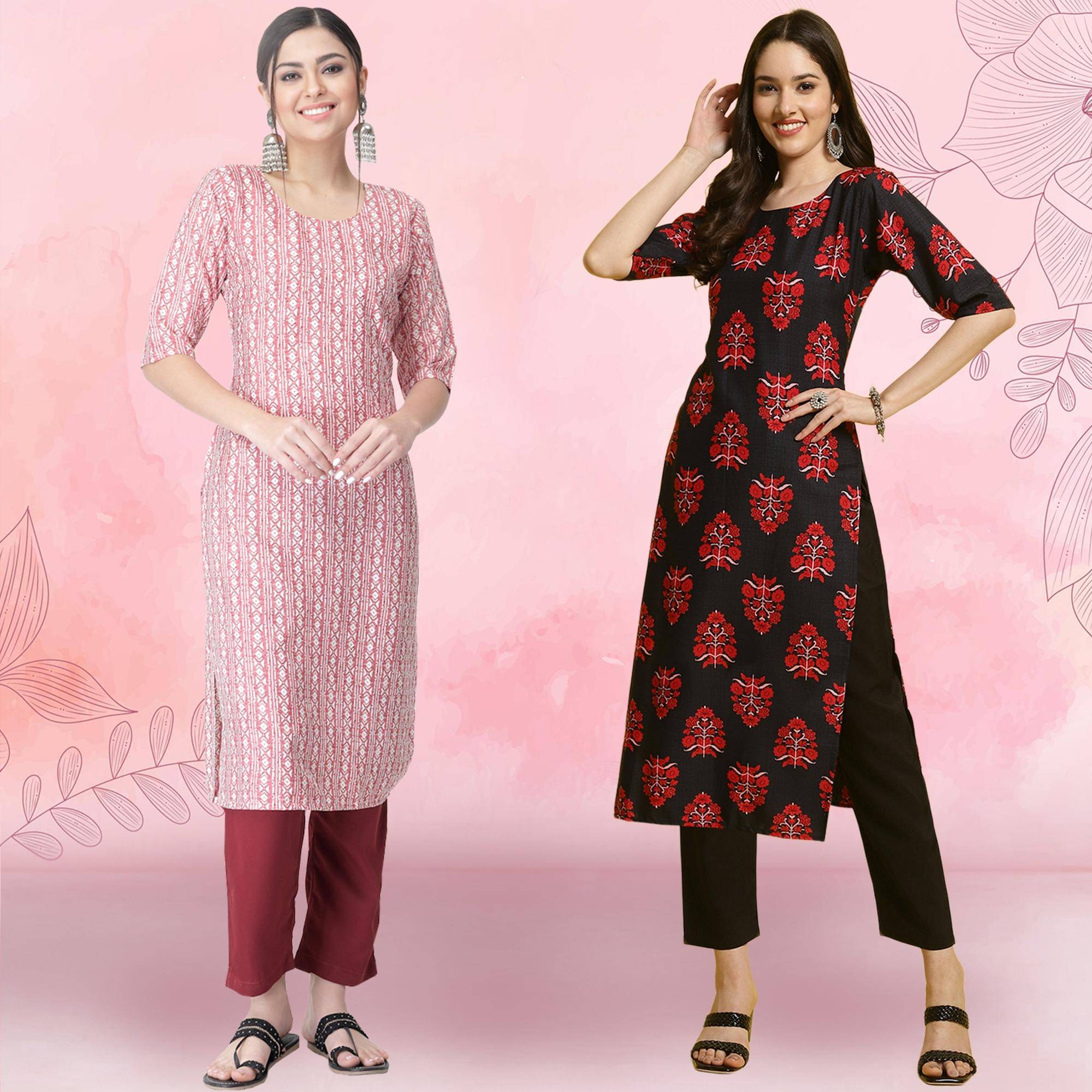    			1 Stop Fashion Crepe Printed Kurti With Pants Women's Stitched Salwar Suit - Black ( Pack of 2 )