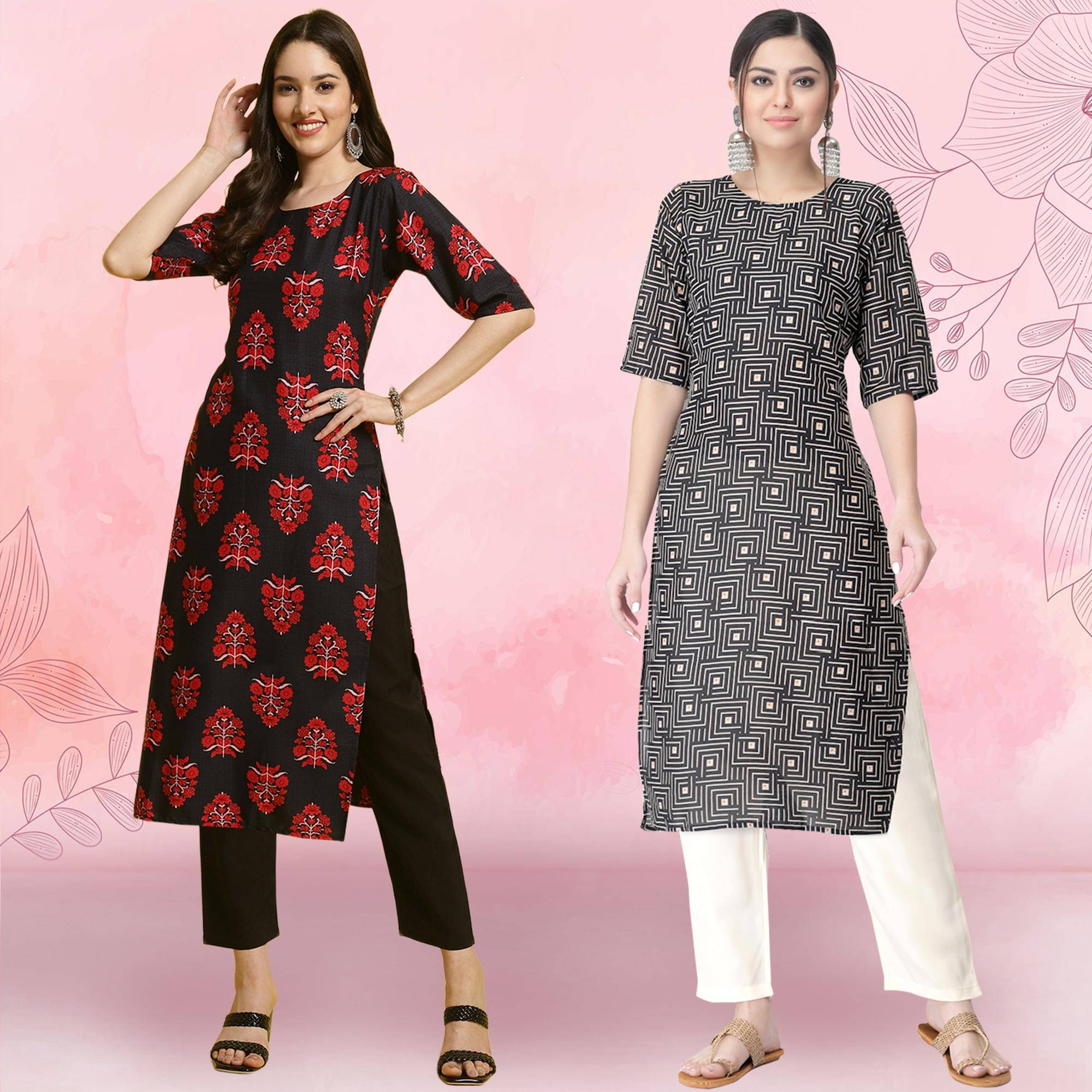     			1 Stop Fashion Crepe Printed Kurti With Pants Women's Stitched Salwar Suit - Black ( Pack of 2 )