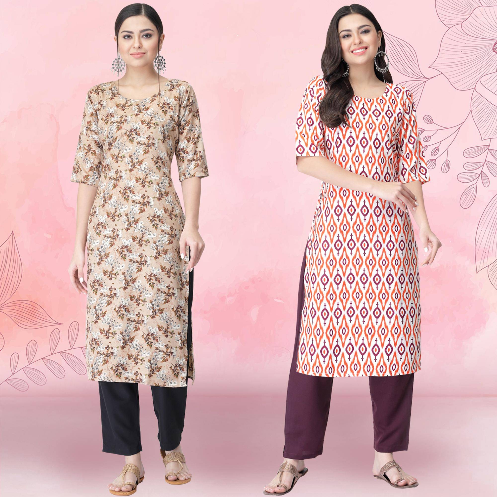 1 Stop Fashion Crepe Printed Kurti With Pants Women's Stitched Salwar Suit - Multicoloured ( Pack of 2 )     			1 Stop Fashion Crepe Printed Kurti With Pants Women's Stitched Salwar Suit - Multicoloured ( Pack of 2 )
