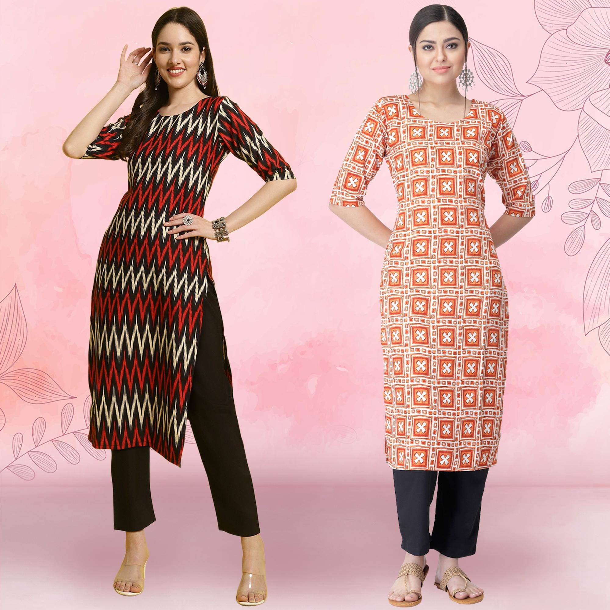 1 Stop Fashion Crepe Printed Kurti With Pants Women's Stitched Salwar Suit - Orange ( Pack of 2 )     			1 Stop Fashion Crepe Printed Kurti With Pants Women's Stitched Salwar Suit - Orange ( Pack of 2 )