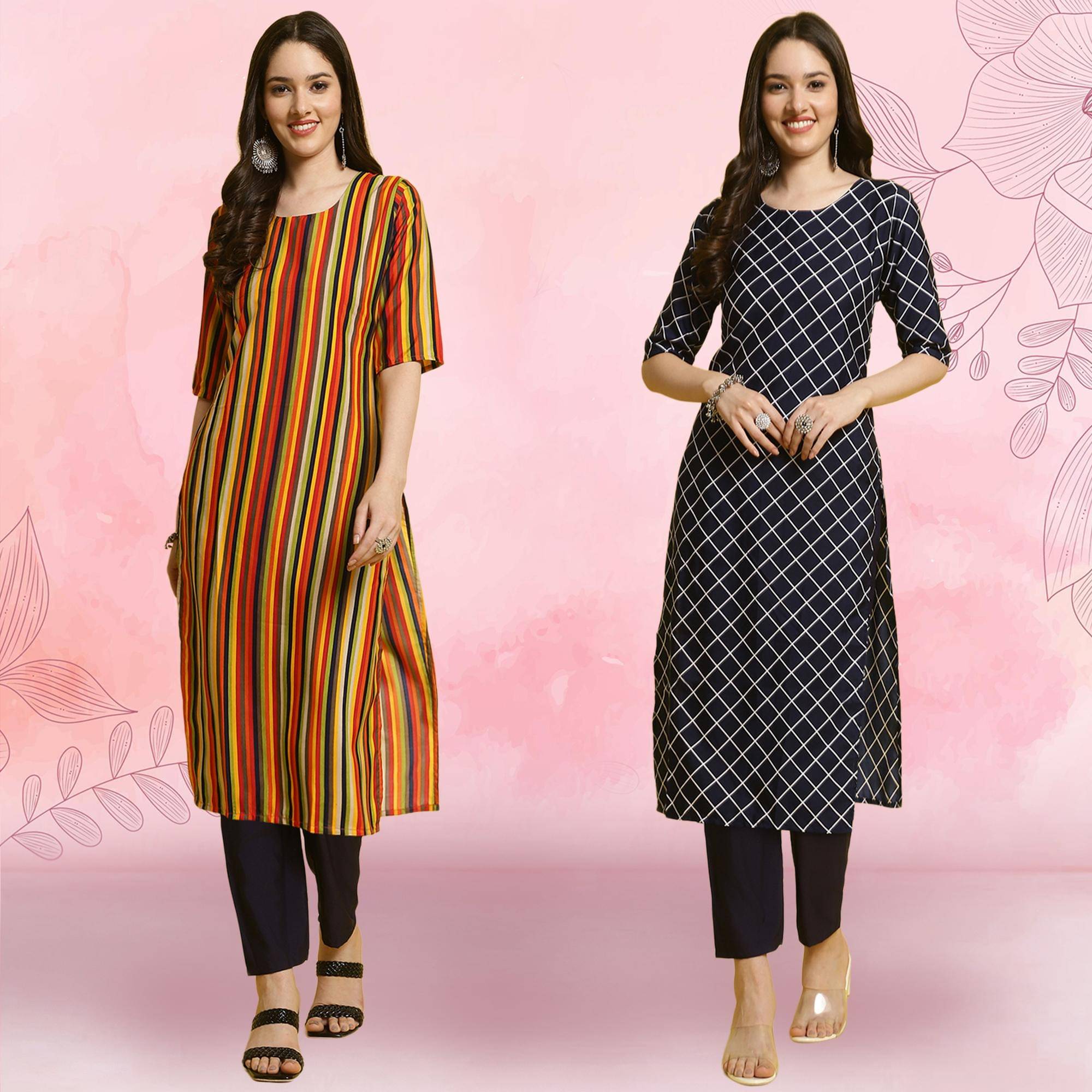 1 Stop Fashion Crepe Printed Kurti With Pants Women's Stitched Salwar Suit - Blue ( Pack of 2 ) 1 Stop Fashion Crepe Printed Kurti With Pants Women's Stitched Salwar Suit - Blue ( Pack of 2 )