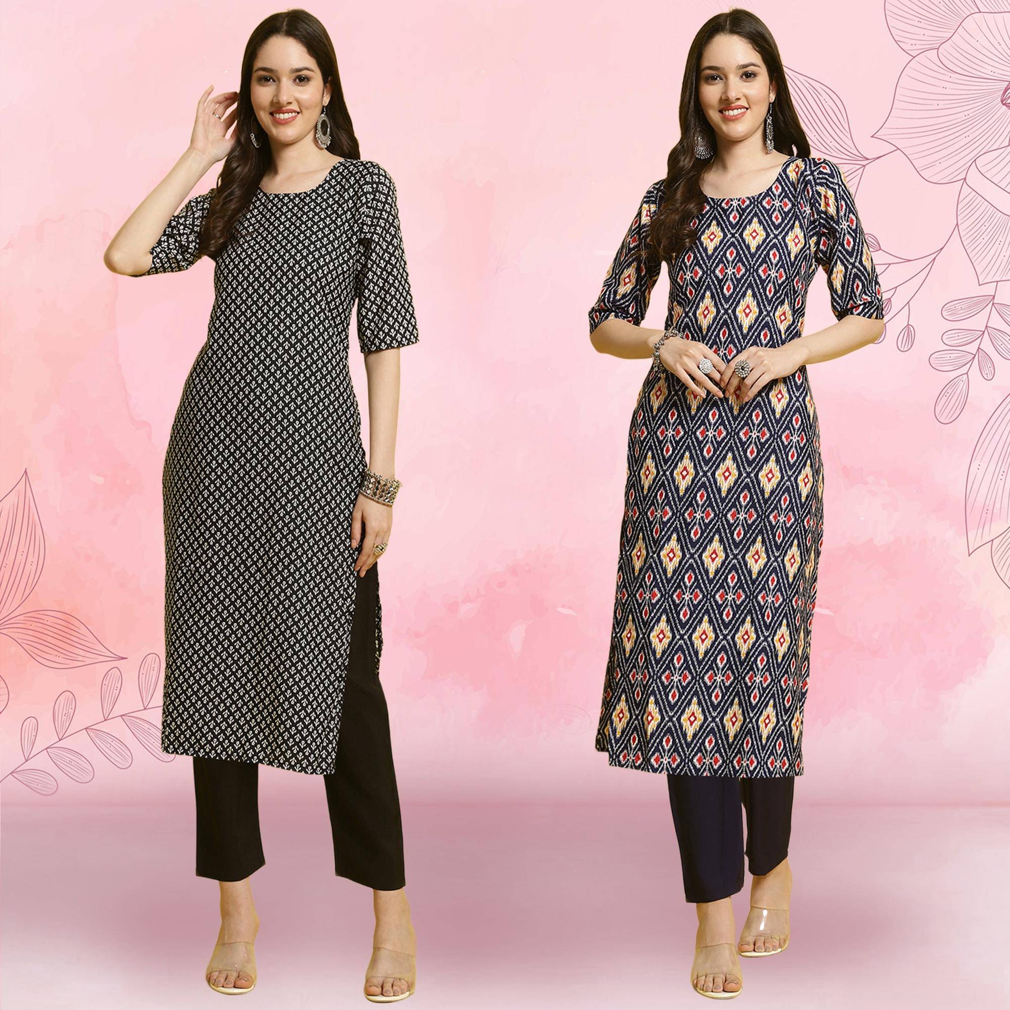 1 Stop Fashion Crepe Printed Kurti With Pants Women's Stitched Salwar Suit - Navy Blue ( Pack of 2 )     			1 Stop Fashion Crepe Printed Kurti With Pants Women's Stitched Salwar Suit - Navy Blue ( Pack of 2 )