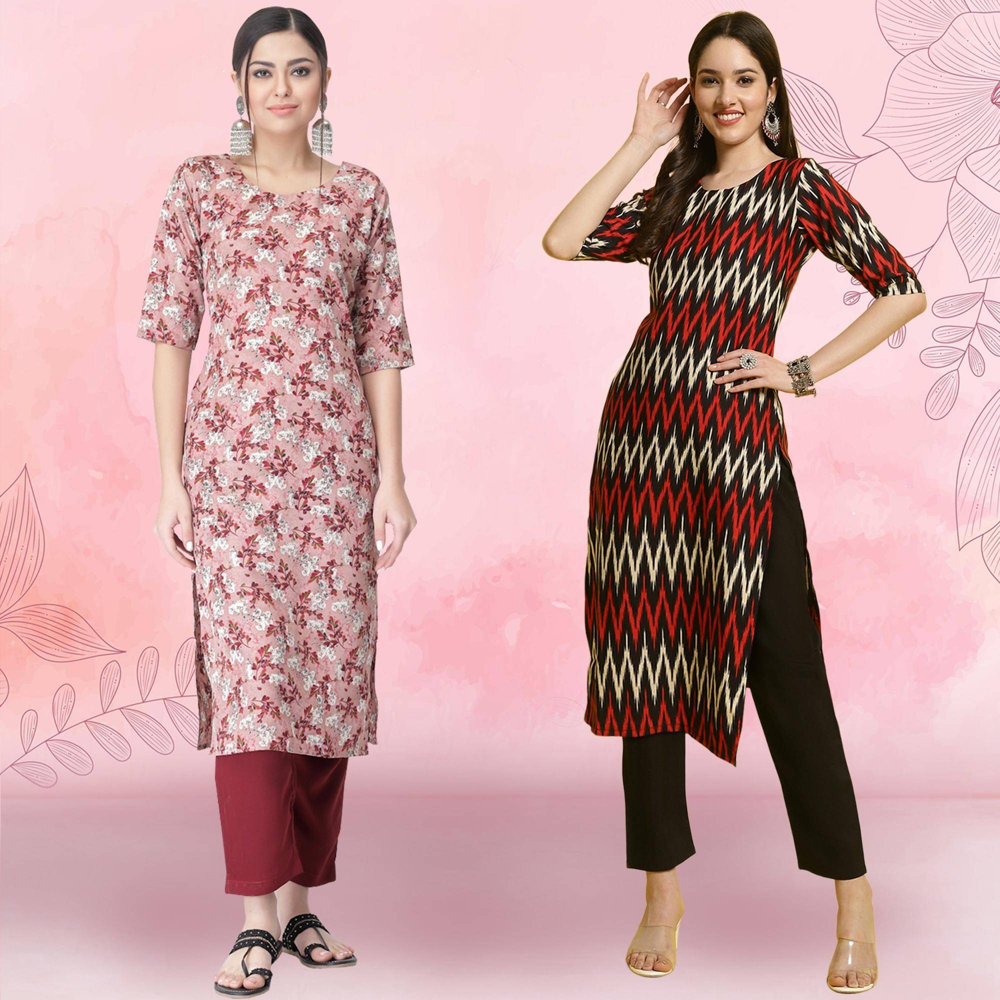     			1 Stop Fashion Crepe Printed Kurti With Pants Women's Stitched Salwar Suit - Black ( Pack of 2 )