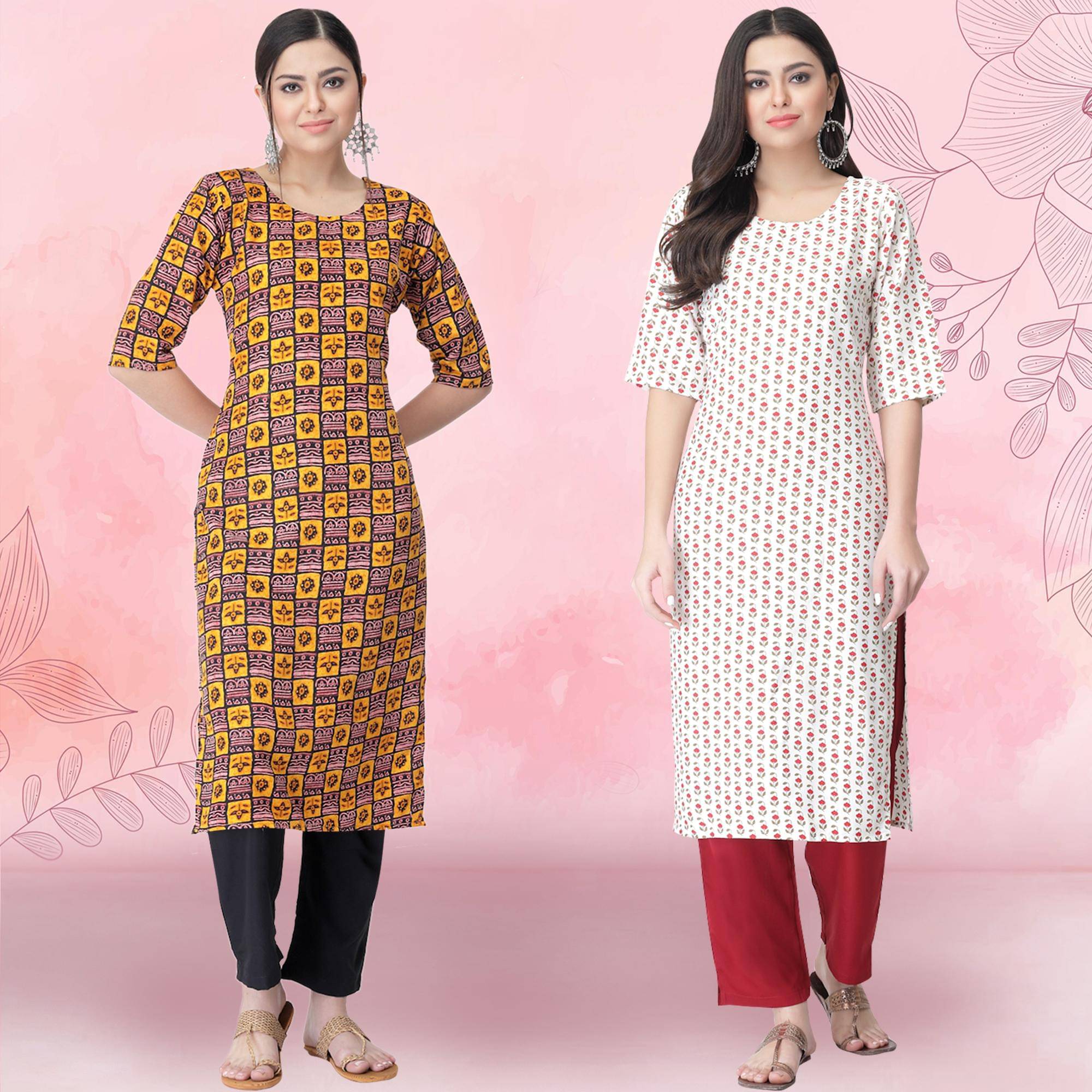     			1 Stop Fashion Crepe Printed Kurti With Pants Women's Stitched Salwar Suit - Off White ( Pack of 2 )