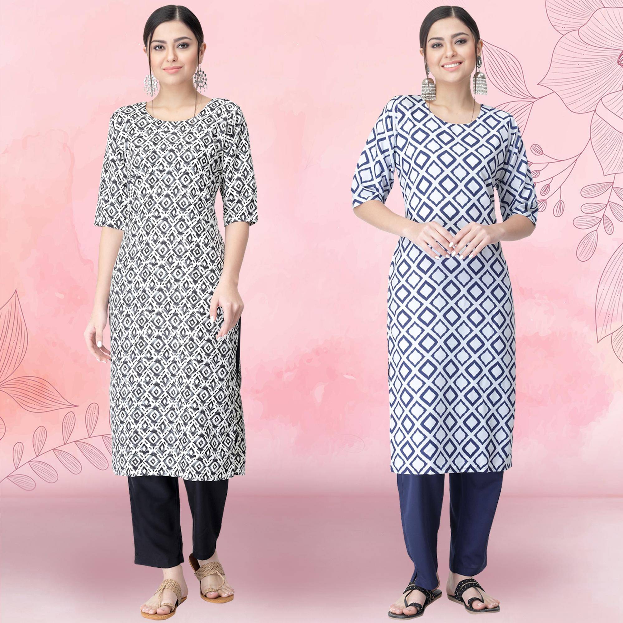 1 Stop Fashion Crepe Printed Kurti With Pants Women's Stitched Salwar Suit - White ( Pack of 2 ) 1 Stop Fashion Crepe Printed Kurti With Pants Women's Stitched Salwar Suit - White ( Pack of 2 )