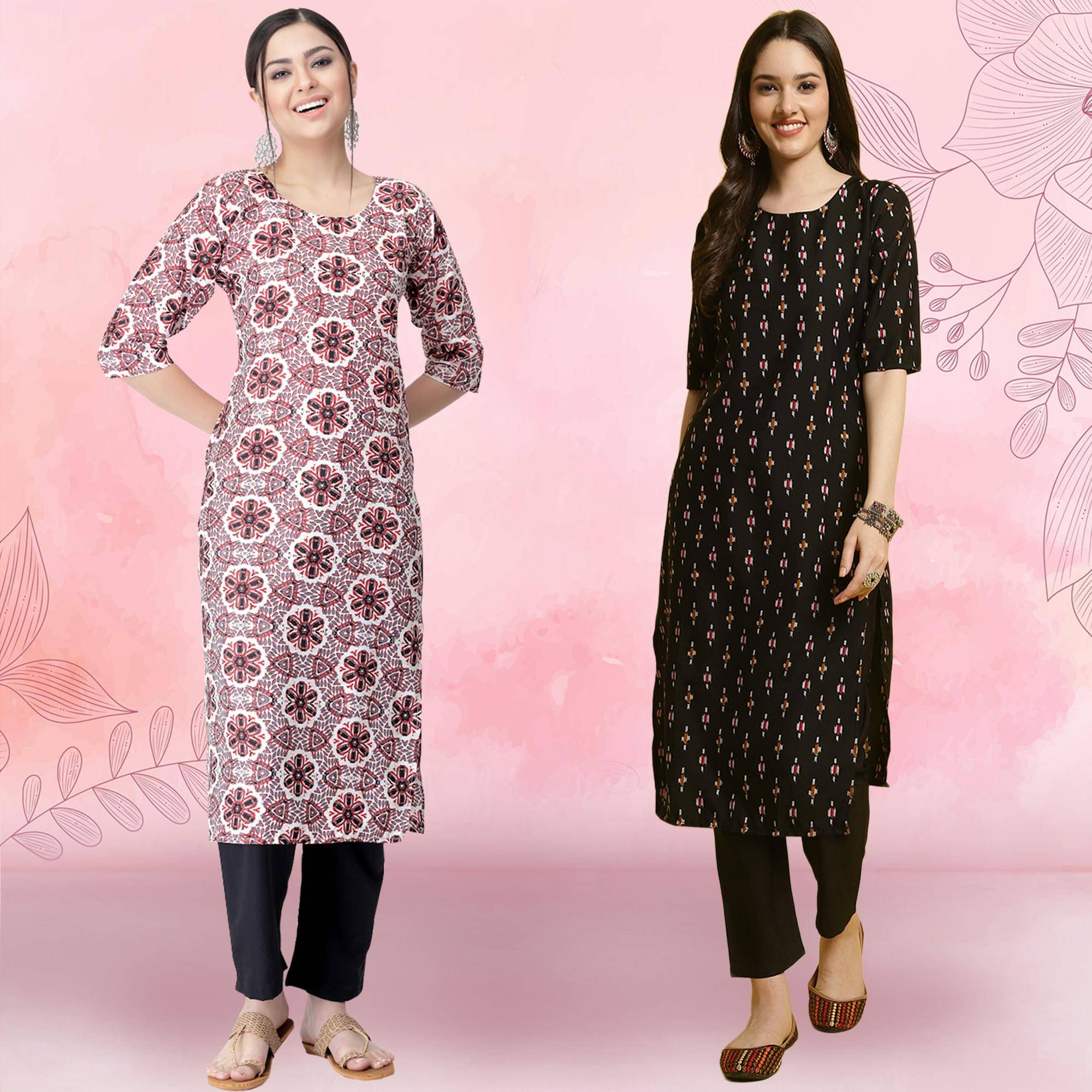     			1 Stop Fashion Crepe Printed Kurti With Pants Women's Stitched Salwar Suit - Black ( Pack of 2 )