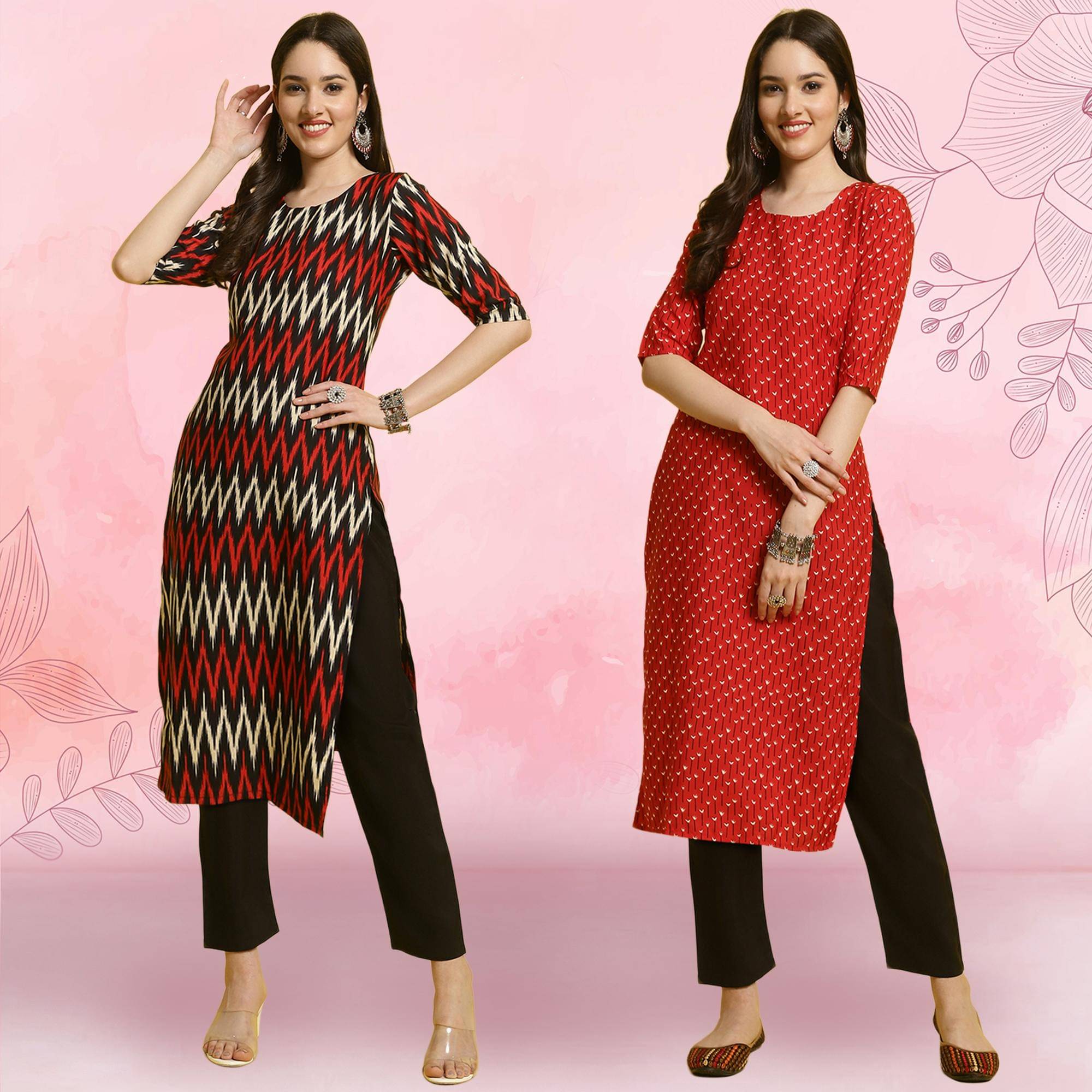     			1 Stop Fashion Crepe Printed Kurti With Pants Women's Stitched Salwar Suit - Red ( Pack of 2 )