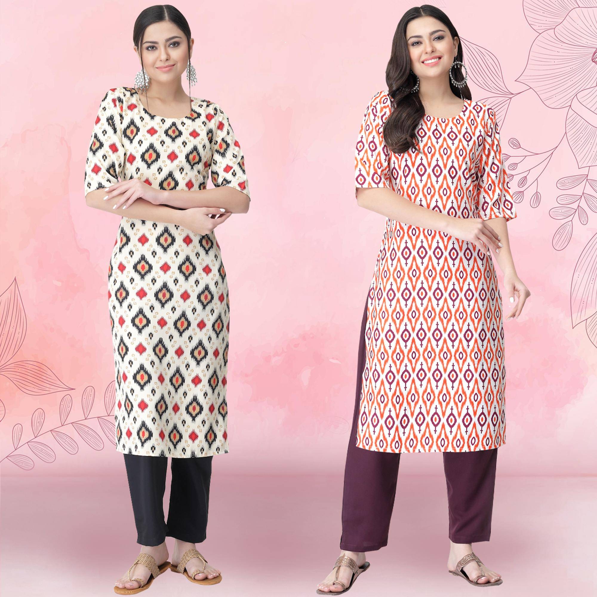     			1 Stop Fashion Crepe Printed Kurti With Pants Women's Stitched Salwar Suit - Multicoloured ( Pack of 2 )
