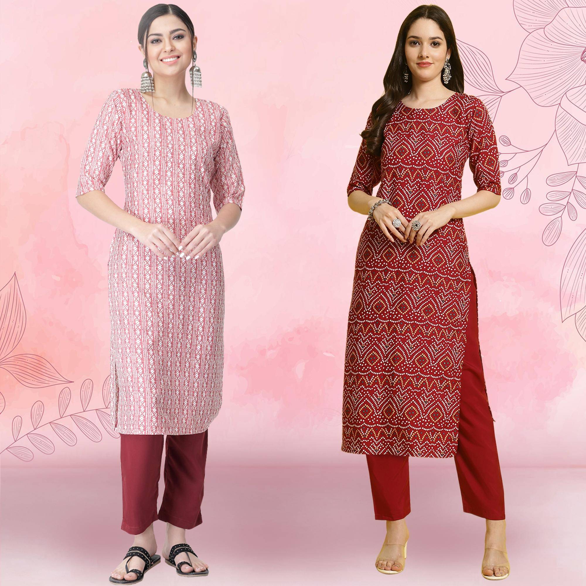    			1 Stop Fashion Crepe Printed Kurti With Pants Women's Stitched Salwar Suit - Maroon ( Pack of 2 )