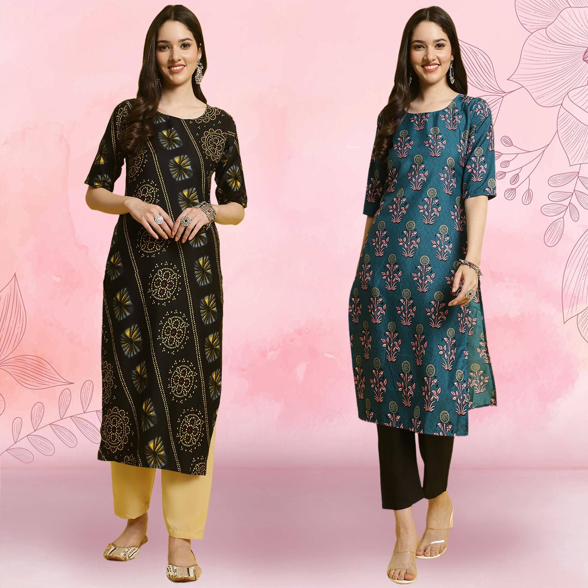 1 Stop Fashion Crepe Printed Kurti With Pants Women's Stitched Salwar Suit - Teal ( Pack of 2 ) 1 Stop Fashion Crepe Printed Kurti With Pants Women's Stitched Salwar Suit - Teal ( Pack of 2 )