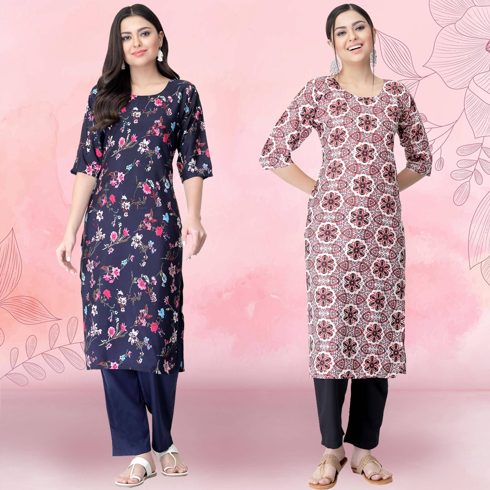     			1 Stop Fashion Crepe Printed Kurti With Pants Women's Stitched Salwar Suit - Pink ( Pack of 2 )