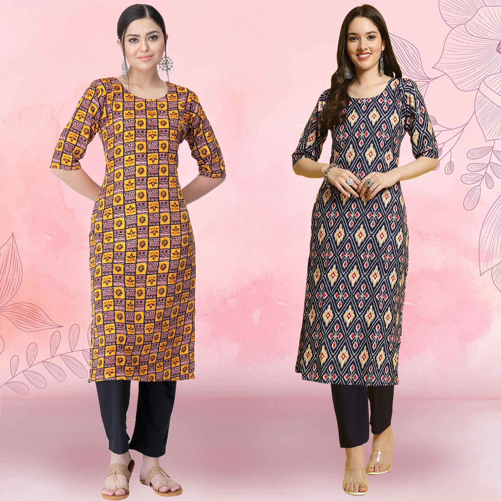 1 Stop Fashion Crepe Printed Kurti With Pants Women's Stitched Salwar Suit - Navy Blue ( Pack of 2 ) 1 Stop Fashion Crepe Printed Kurti With Pants Women's Stitched Salwar Suit - Navy Blue ( Pack of 2 )
