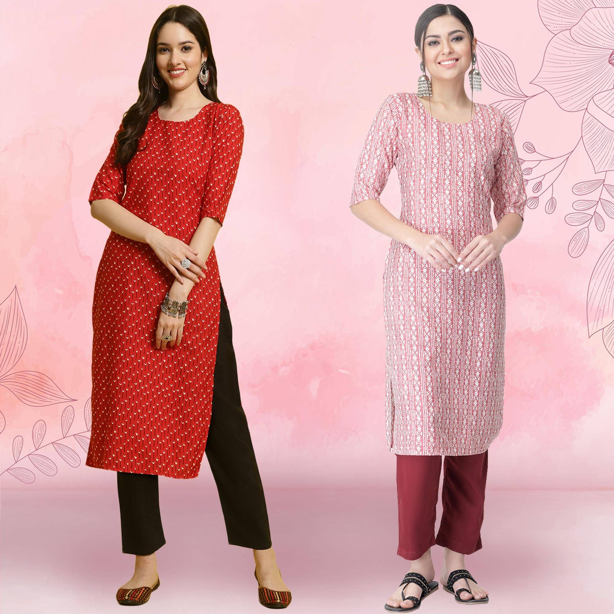     			1 Stop Fashion Crepe Printed Kurti With Pants Women's Stitched Salwar Suit - Pink ( Pack of 2 )